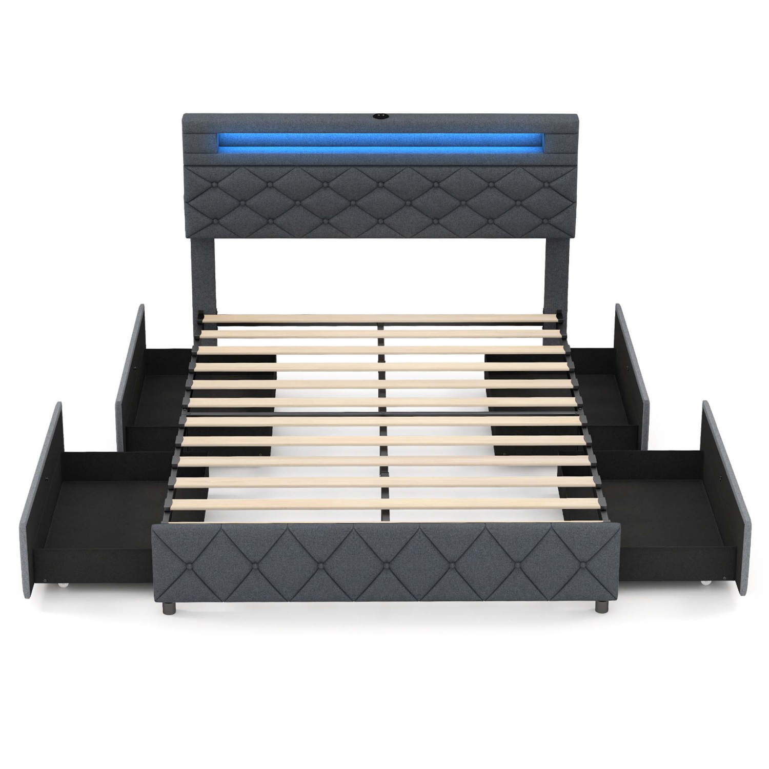 Costway Full/Queen Size Bed Frame with Led Lights & Charging Station & Modern Upholstered Bed