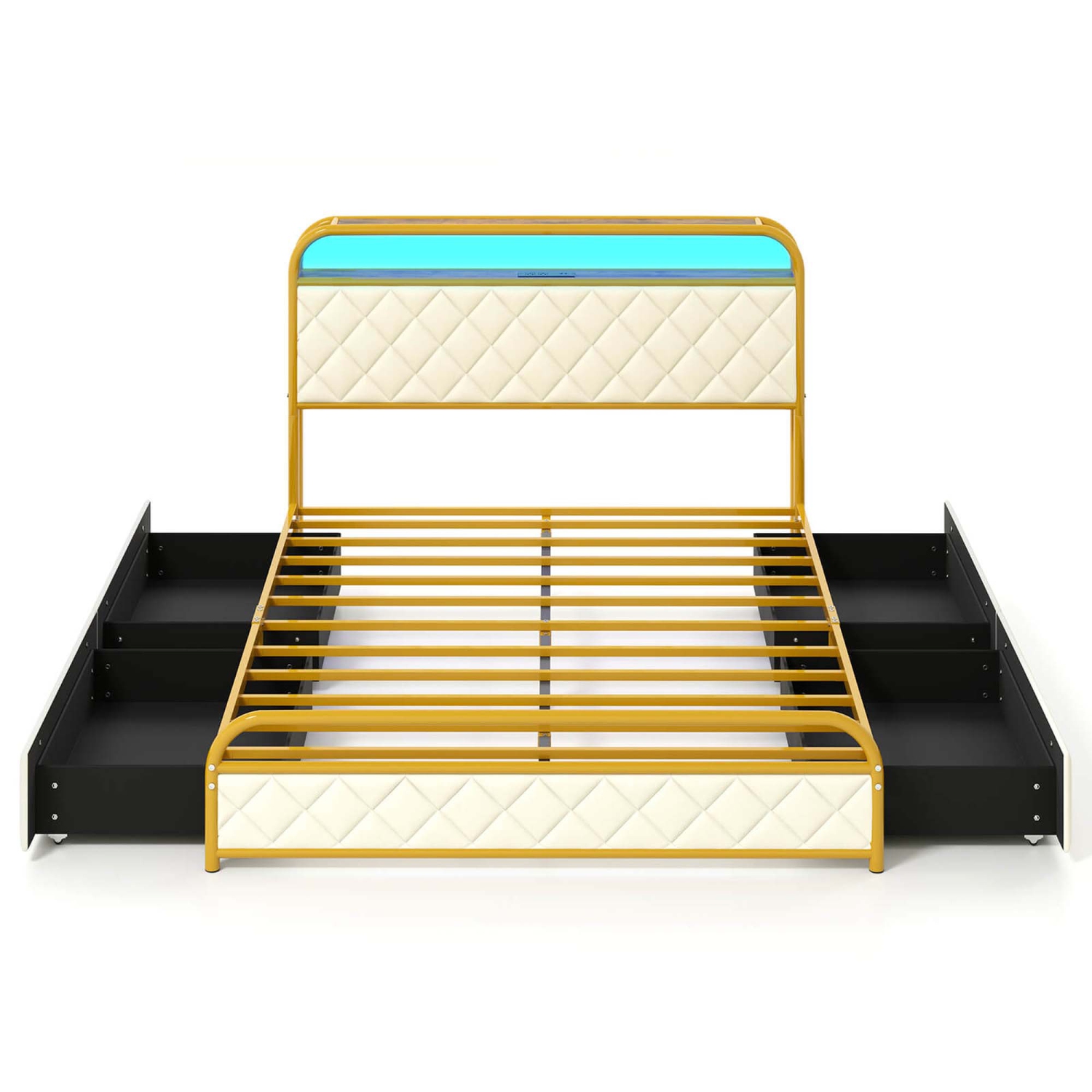 Costway Twin/Full/Queen Size Bed Frame with LED Lights & Charging Station Storage Headboard & Drawers Golden