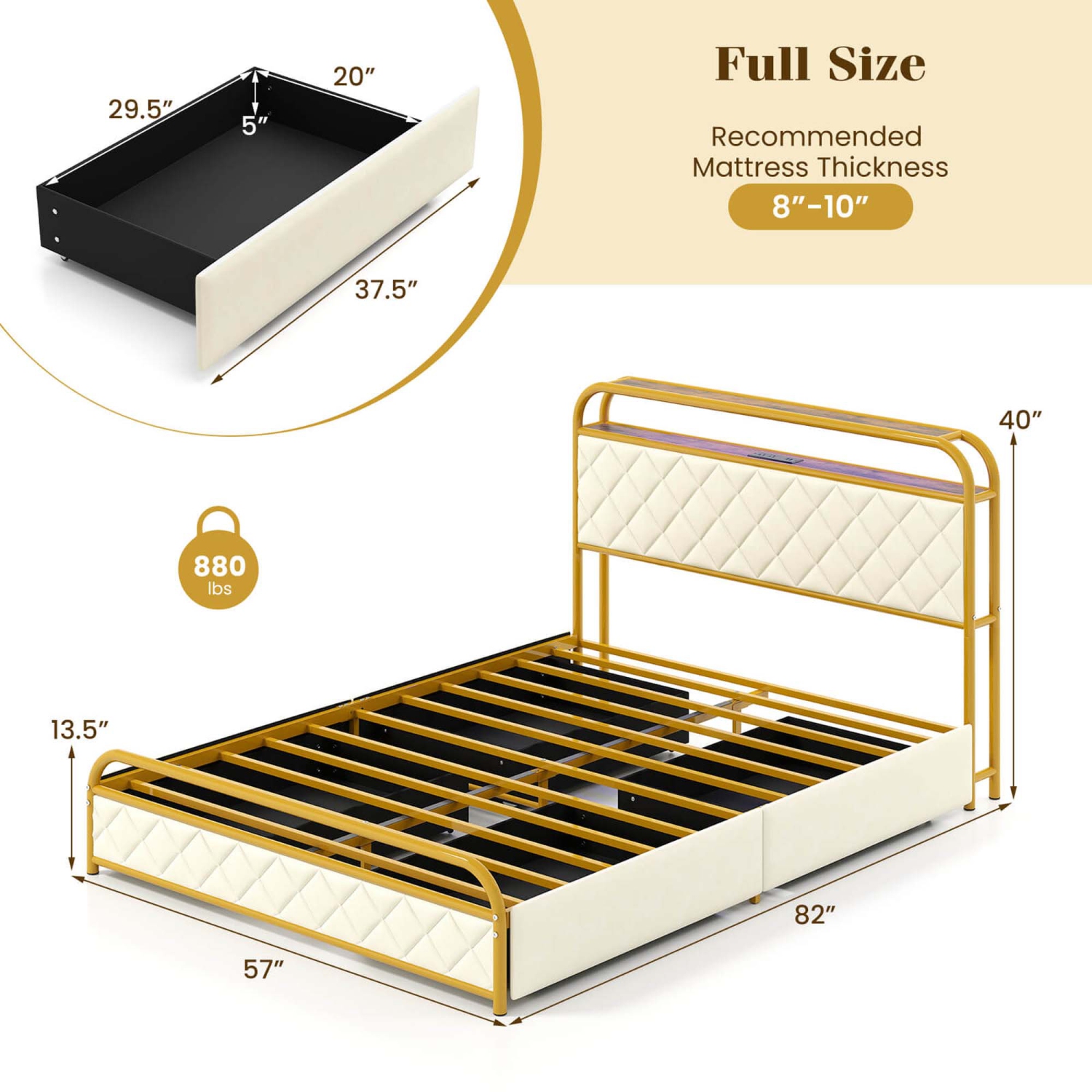 Costway Twin/Full/Queen Size Bed Frame with LED Lights & Charging Station Storage Headboard & Drawers Golden
