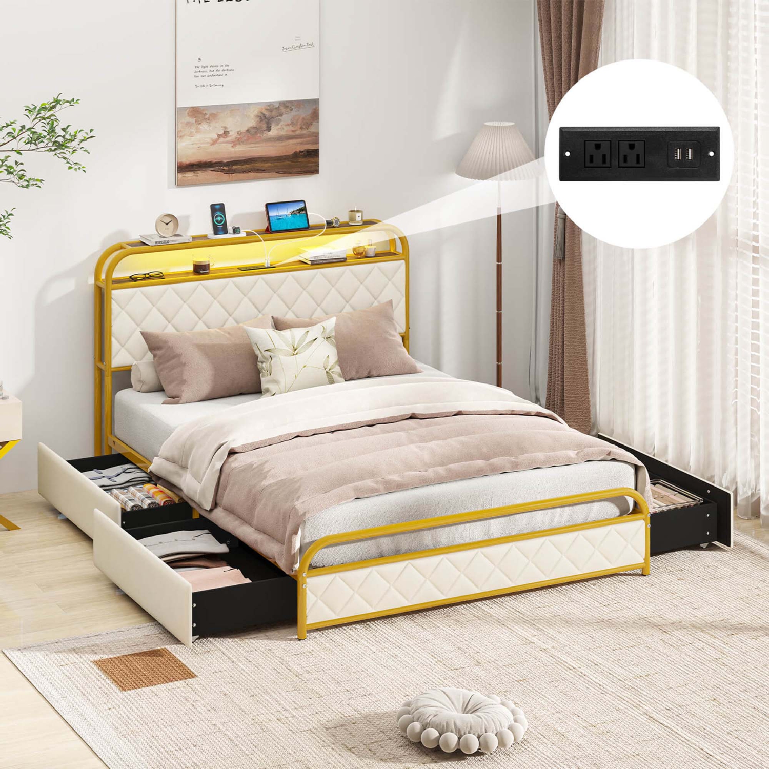 Costway Twin/Full/Queen Size Bed Frame with LED Lights & Charging Station Storage Headboard & Drawers Golden