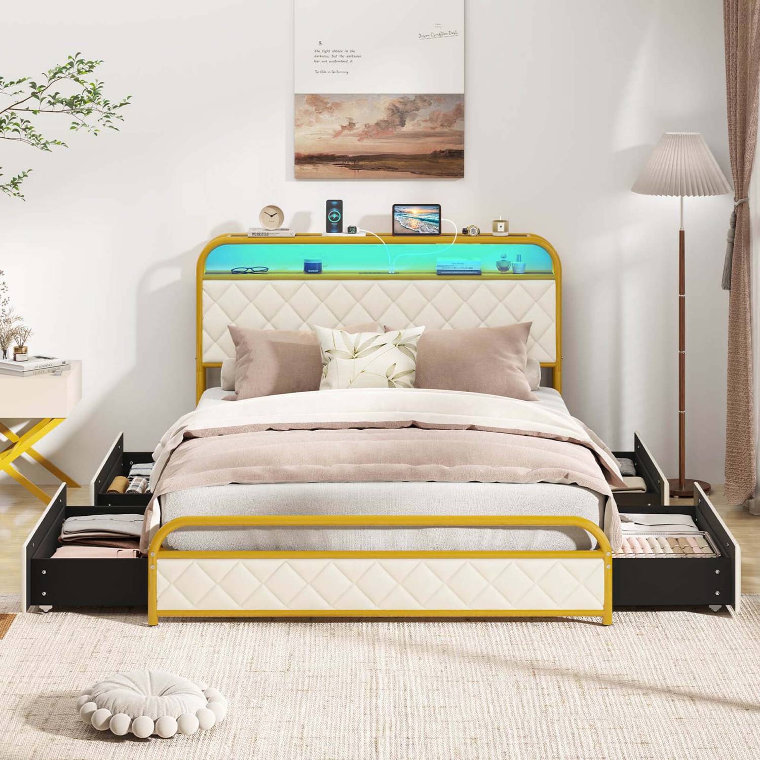 Costway Twin/Full/Queen Size Bed Frame with LED Lights & Charging Station Storage Headboard & Drawers Golden