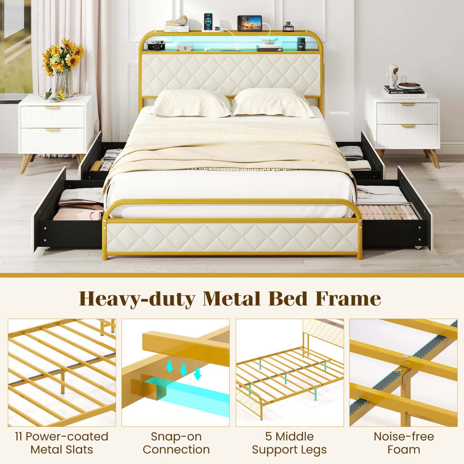 Costway Twin/Full/Queen Size Bed Frame with LED Lights & Charging Station Storage Headboard & Drawers Golden