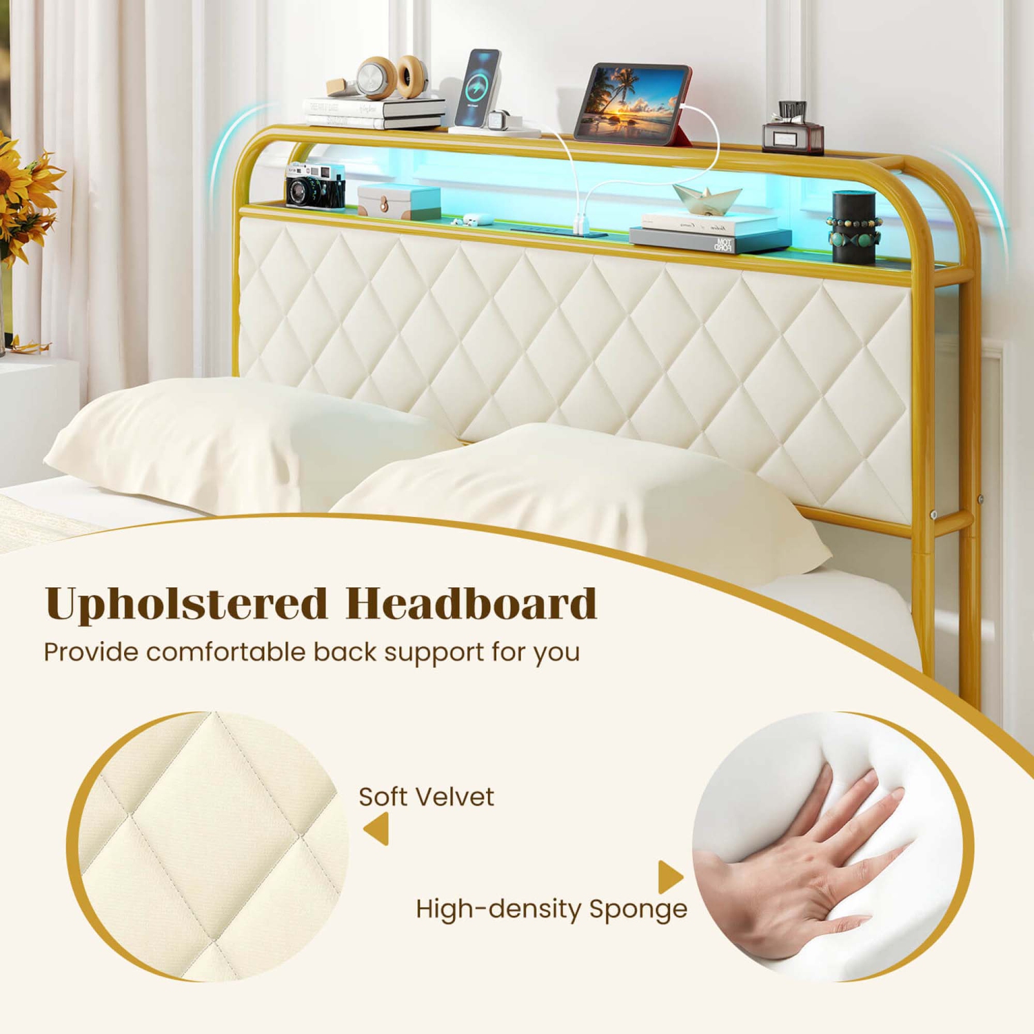 Costway Twin/Full/Queen Size Bed Frame with LED Lights & Charging Station Storage Headboard & Drawers Golden