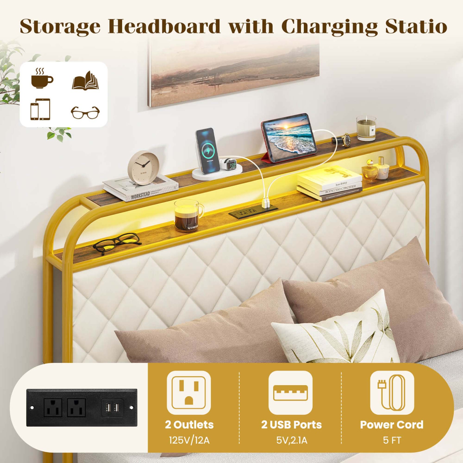 Costway Twin/Full/Queen Size Bed Frame with LED Lights & Charging Station Storage Headboard & Drawers Golden