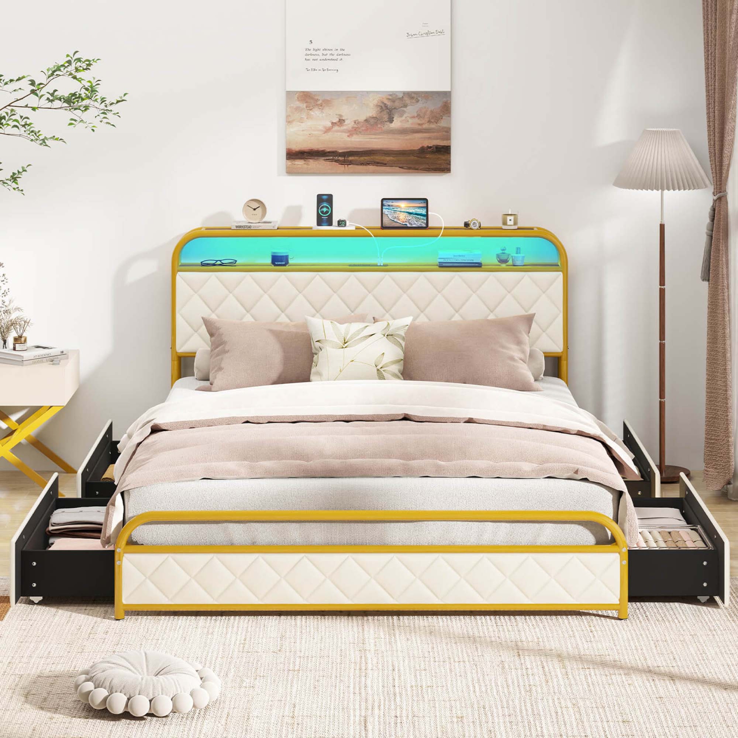 Costway Twin/Full/Queen Size Bed Frame with LED Lights & Charging Station Storage Headboard & Drawers Golden