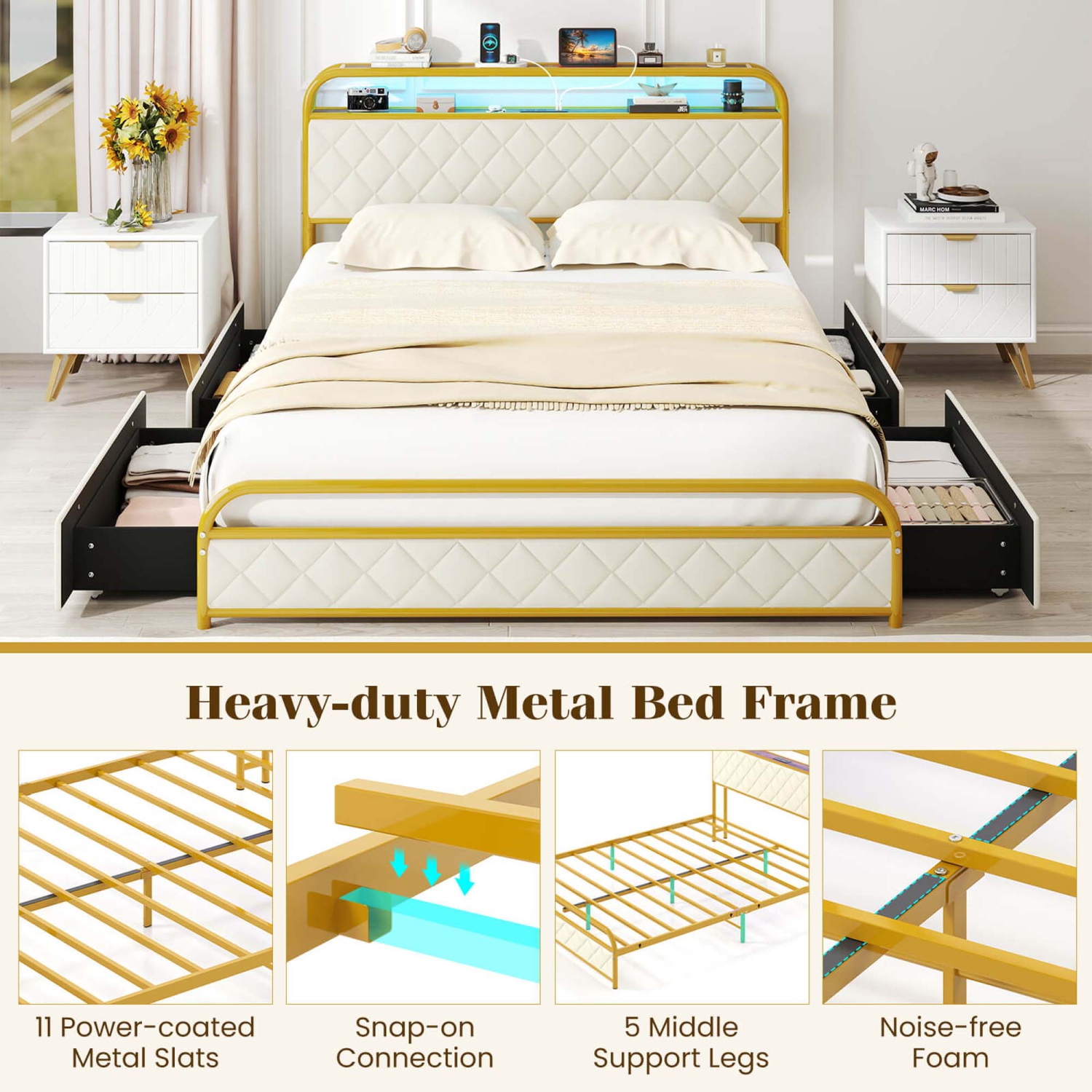 Costway Twin/Full/Queen Size Bed Frame with LED Lights & Charging Station Storage Headboard & Drawers Golden