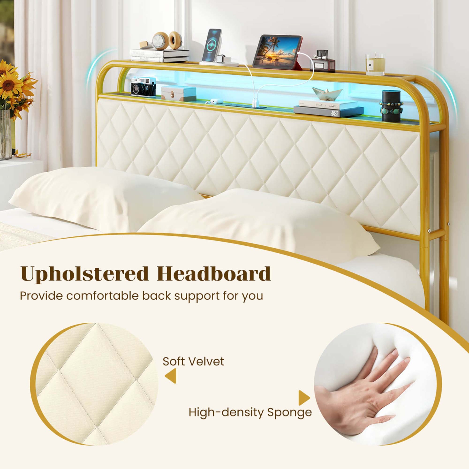 Costway Twin/Full/Queen Size Bed Frame with LED Lights & Charging Station Storage Headboard & Drawers Golden