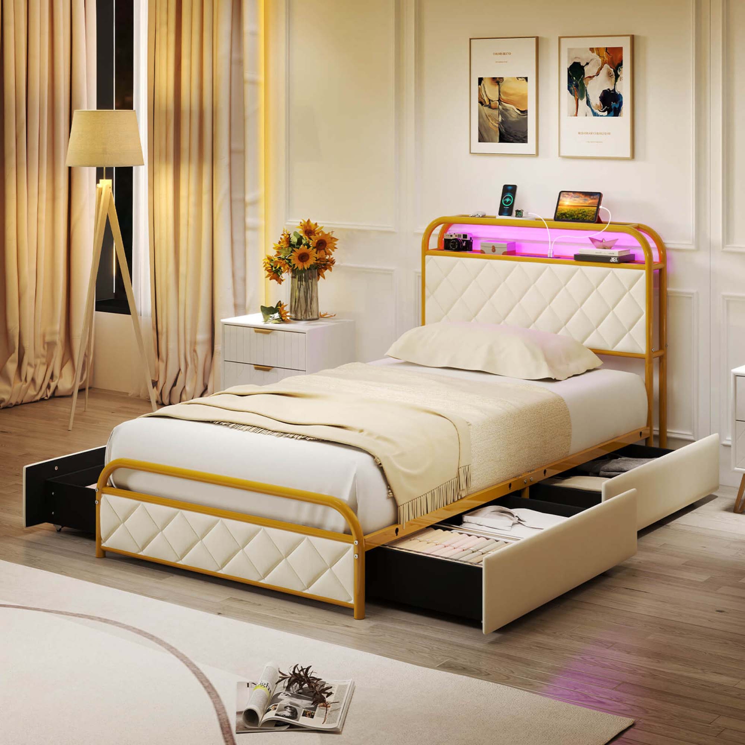 Costway Twin/Full/Queen Size Bed Frame with LED Lights & Charging Station Storage Headboard & Drawers Golden