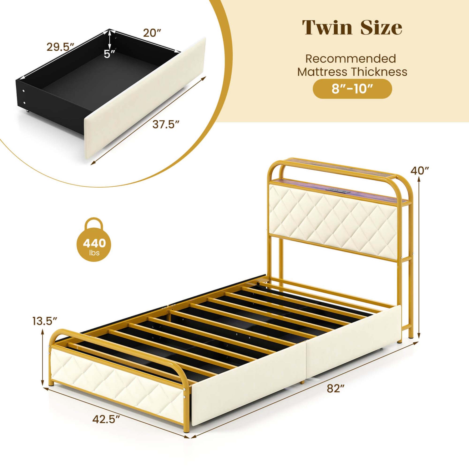 Costway Twin/Full/Queen Size Bed Frame with LED Lights & Charging Station Storage Headboard & Drawers Golden