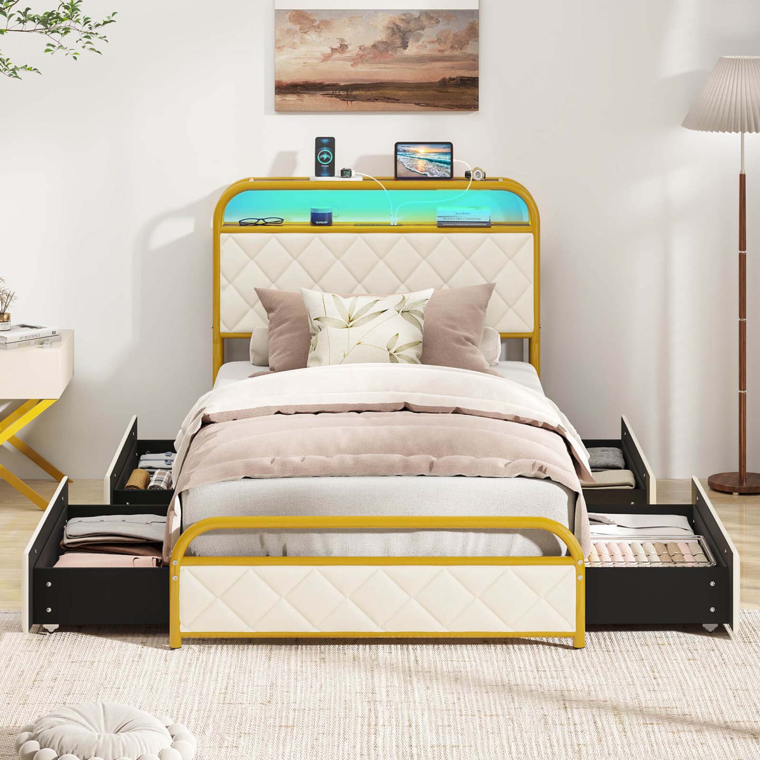 Costway Twin/Full/Queen Size Bed Frame with LED Lights & Charging Station Storage Headboard & Drawers Golden