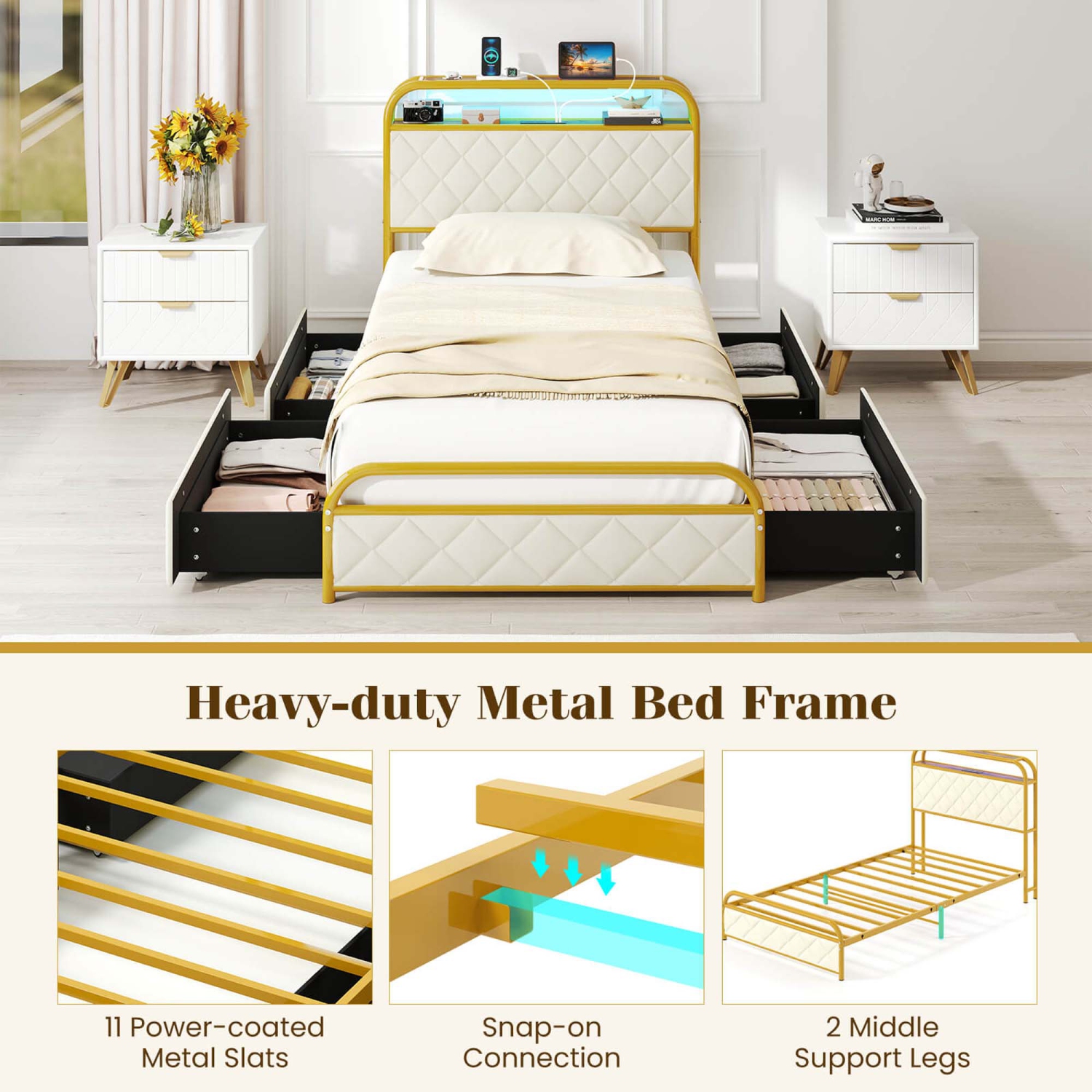 Costway Twin/Full/Queen Size Bed Frame with LED Lights & Charging Station Storage Headboard & Drawers Golden