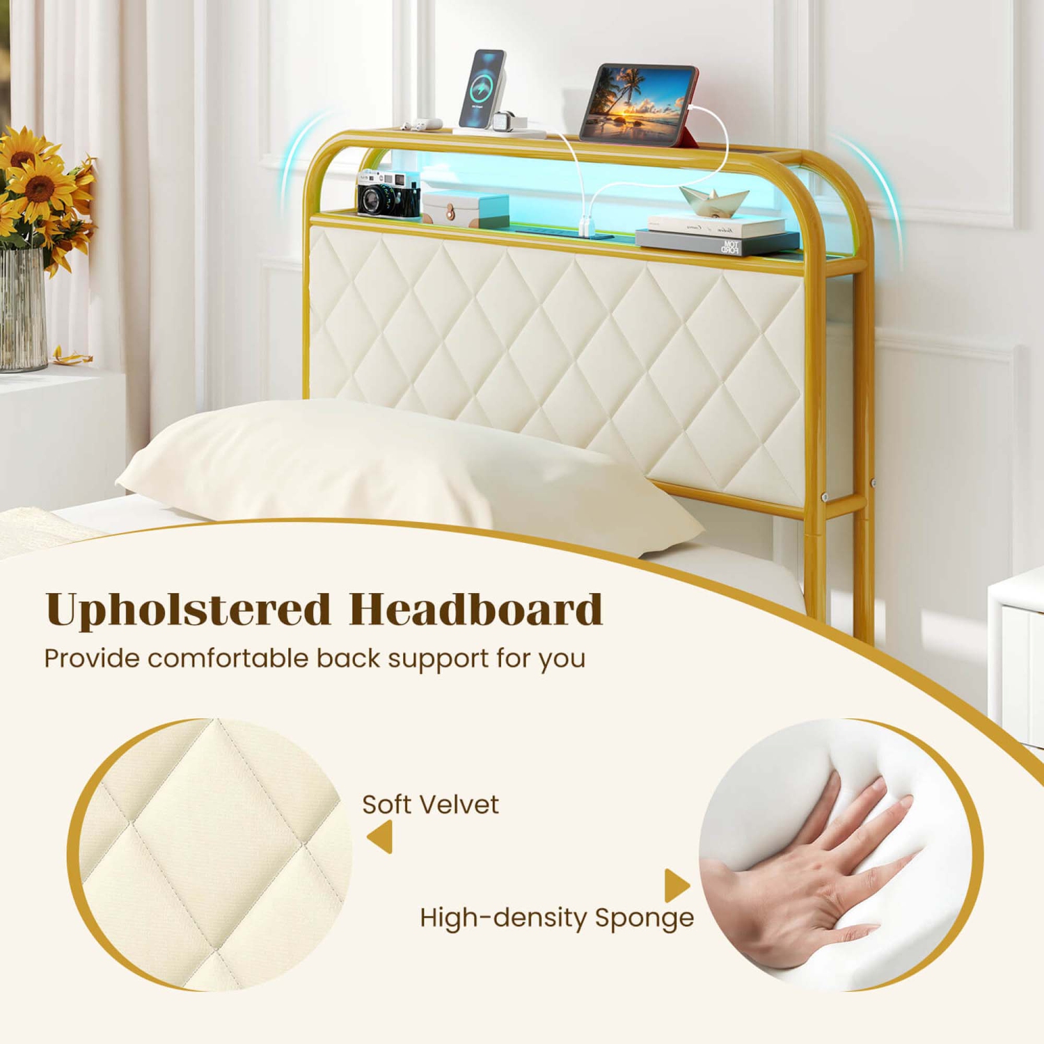 Costway Twin/Full/Queen Size Bed Frame with LED Lights & Charging Station Storage Headboard & Drawers Golden