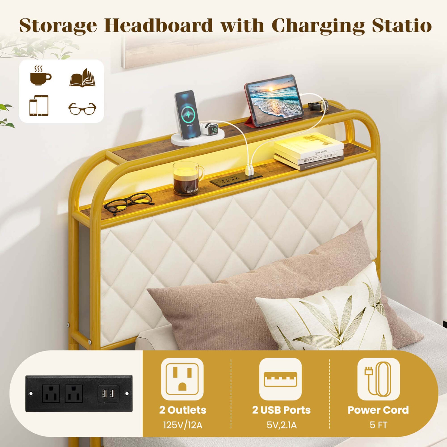 Costway Twin/Full/Queen Size Bed Frame with LED Lights & Charging Station Storage Headboard & Drawers Golden