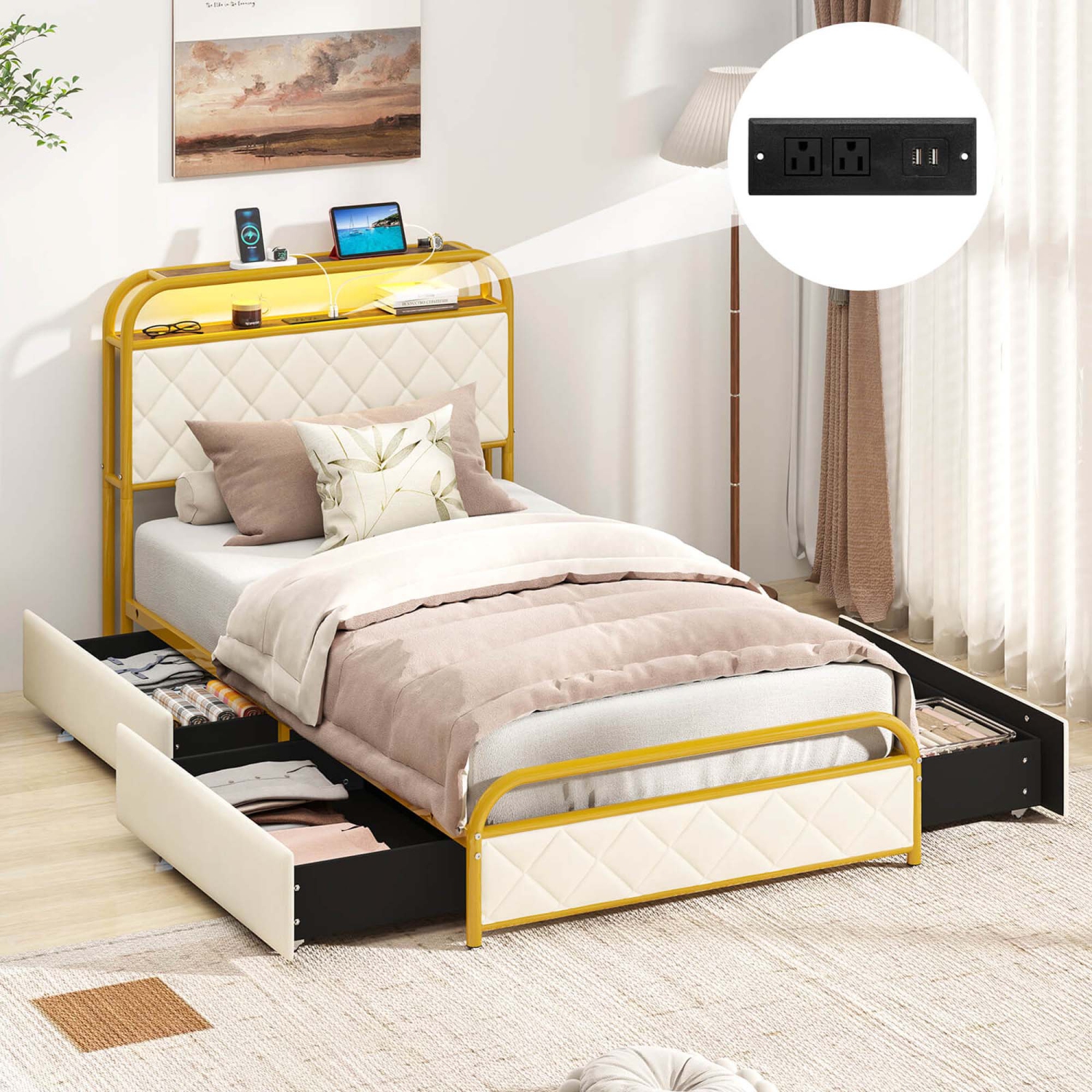 Costway Twin/Full/Queen Size Bed Frame with LED Lights & Charging Station Storage Headboard & Drawers Golden