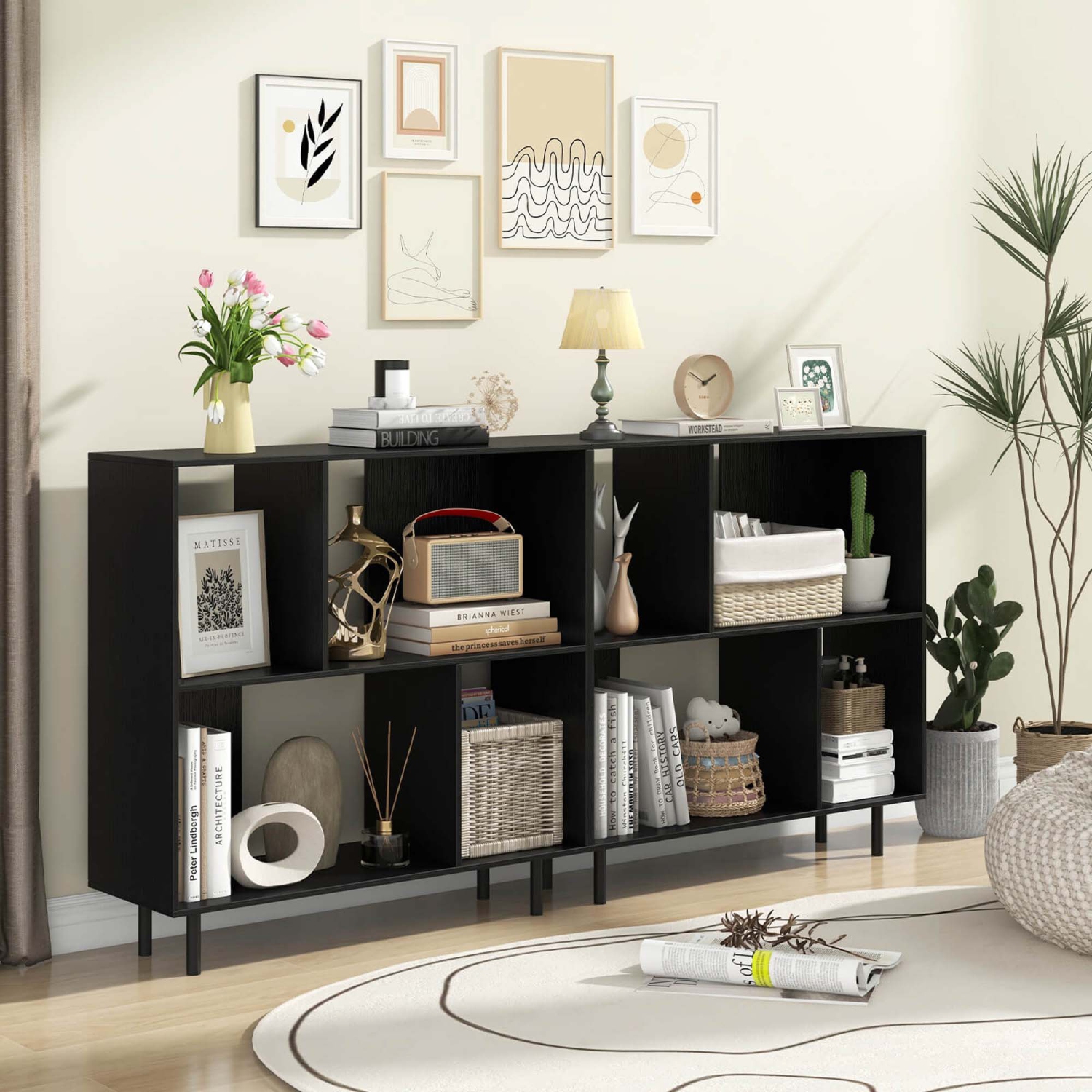 Bibliothèque cubique moderne mi-siècle à 4 compartiments Costway, bibliothèque ouverte, naturel/blanc/noir