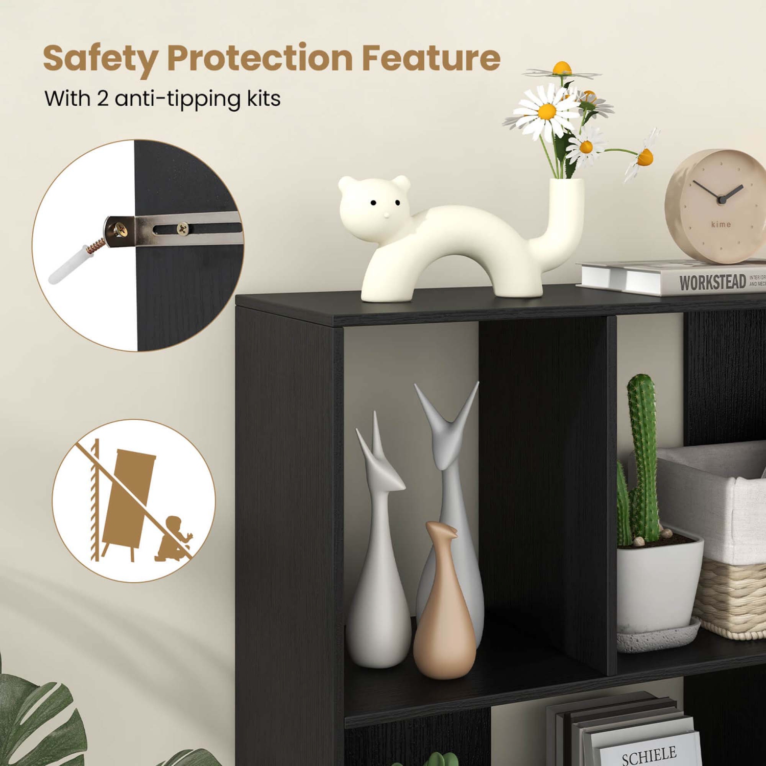 Bibliothèque cubique moderne mi-siècle à 4 compartiments Costway, bibliothèque ouverte, naturel/blanc/noir