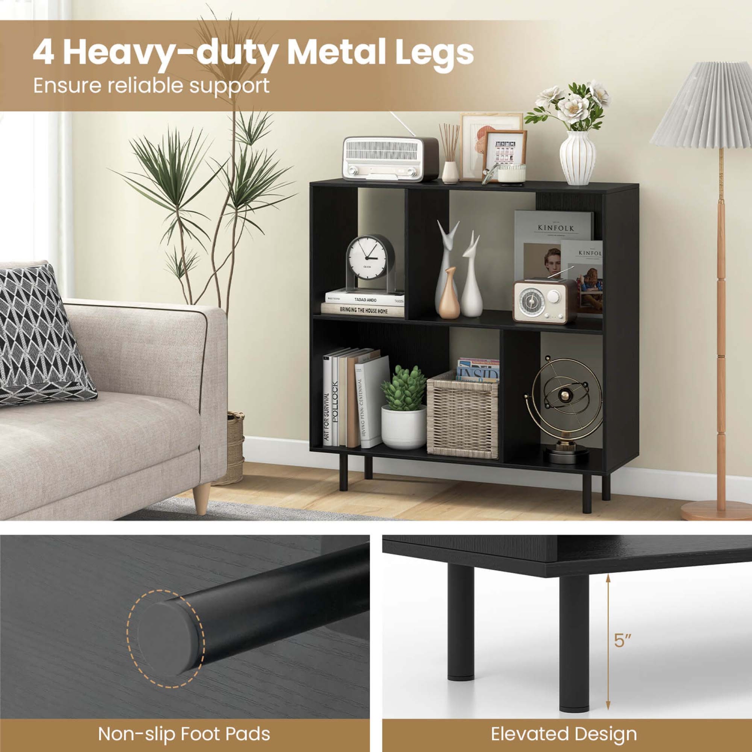 Bibliothèque cubique moderne mi-siècle à 4 compartiments Costway, bibliothèque ouverte, naturel/blanc/noir