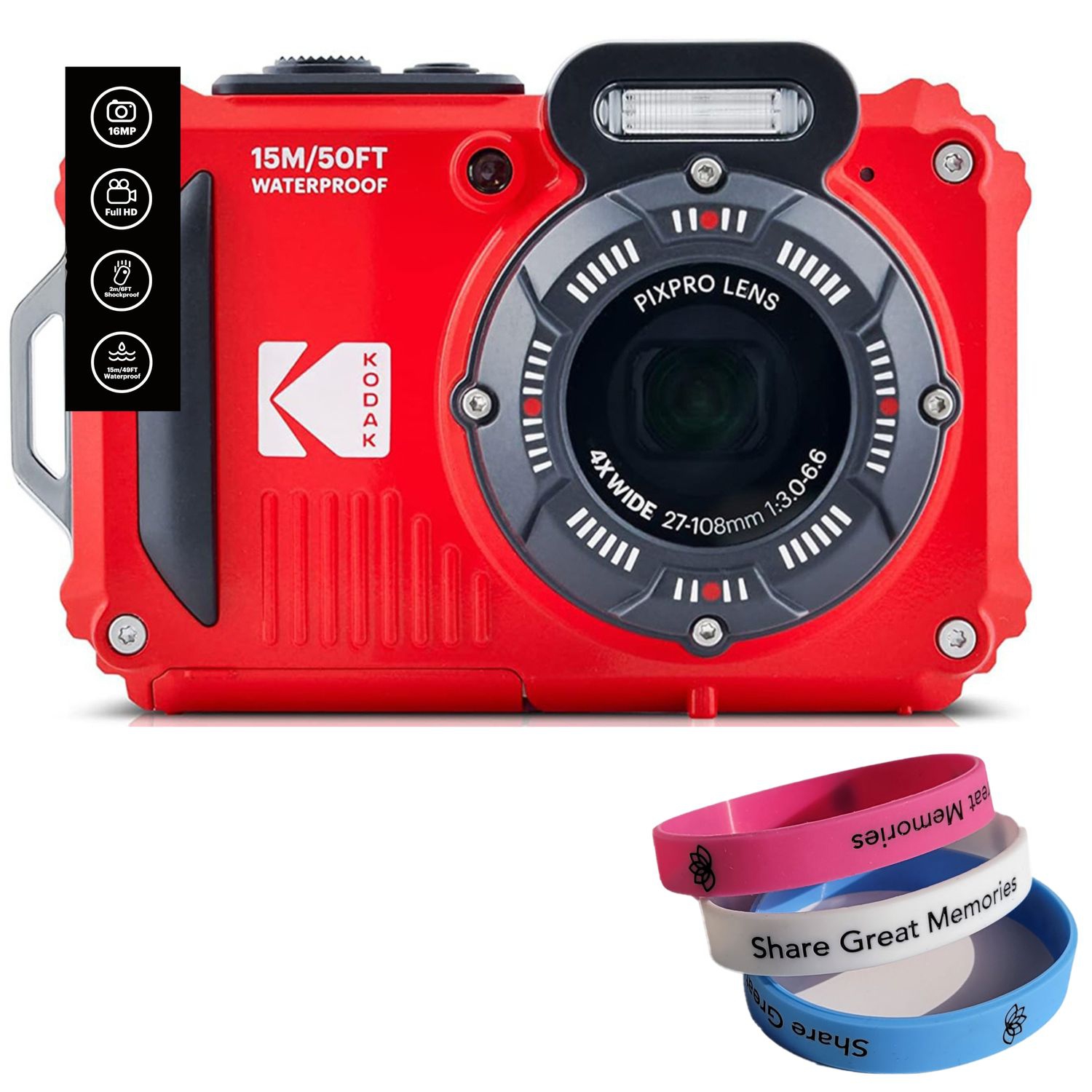 Appareil photo numérique étanche, antichoc, Wi-Fi à zoom optique 4x 1080p 16&nbsp;Mpx HD intégrale Appareil photo ACL 2,7&nbsp;po + bracelet en prime