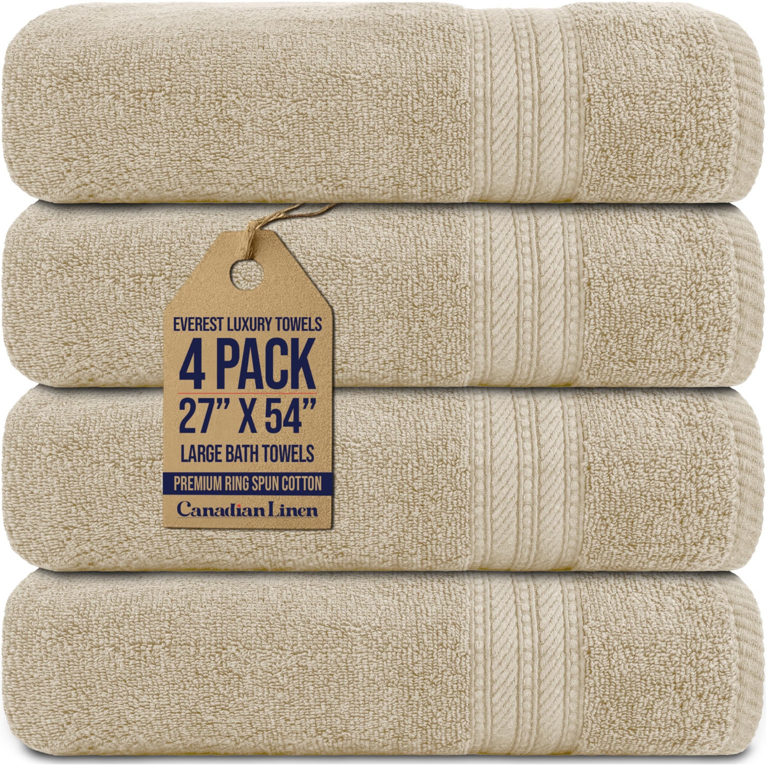 Canadian Linen Everest Luxury Bath Towels,  27”x54”, 4 Pack, Lightweight Quick Dry Soft Absorbent 100% Cotton Bath Towels Sets for Salons, Spa, Beige