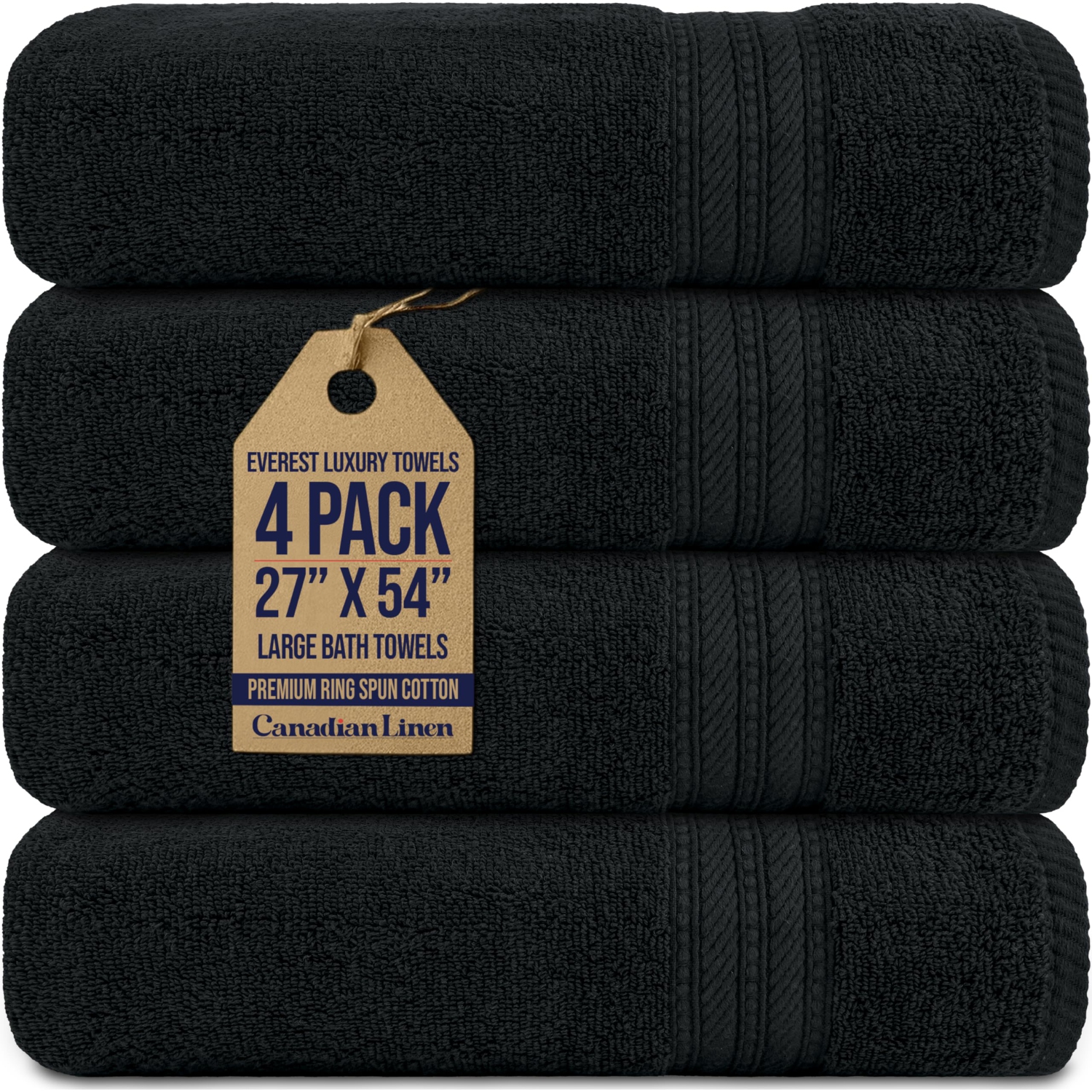 Canadian Linen Everest Luxury Bath Towels, 27”x54”, 4 Pack, Soft Plush 100% Cotton Absorbent Lightweight Quick Dry Towels Set for Home, Salons, Black