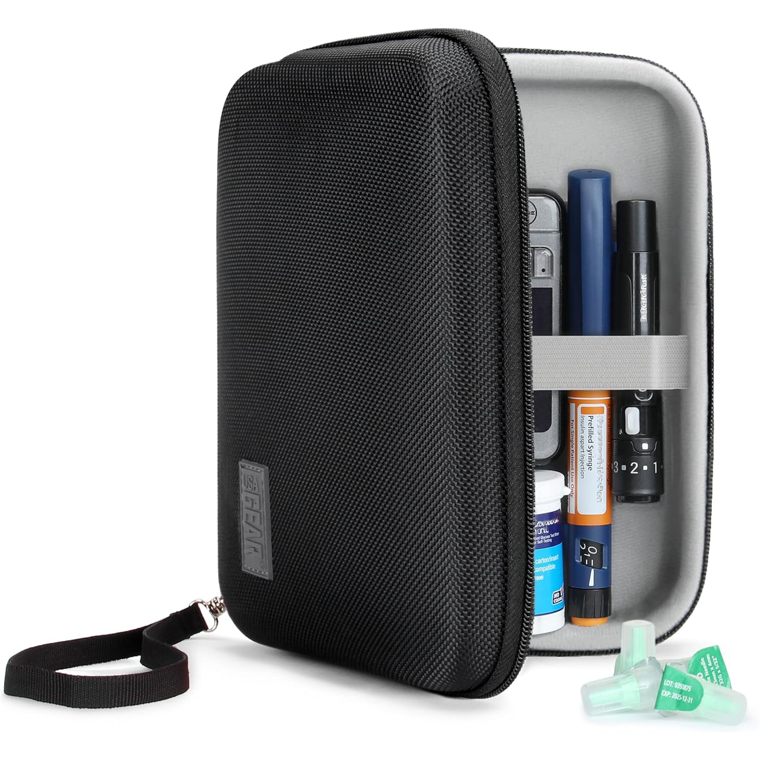 USA GEAR Insulin Travel Case - Diabetic Bag with Protective Hard Shell Exterior, Zipper and Wrist Strap - Diabetic Travel Case Holds Insulin,