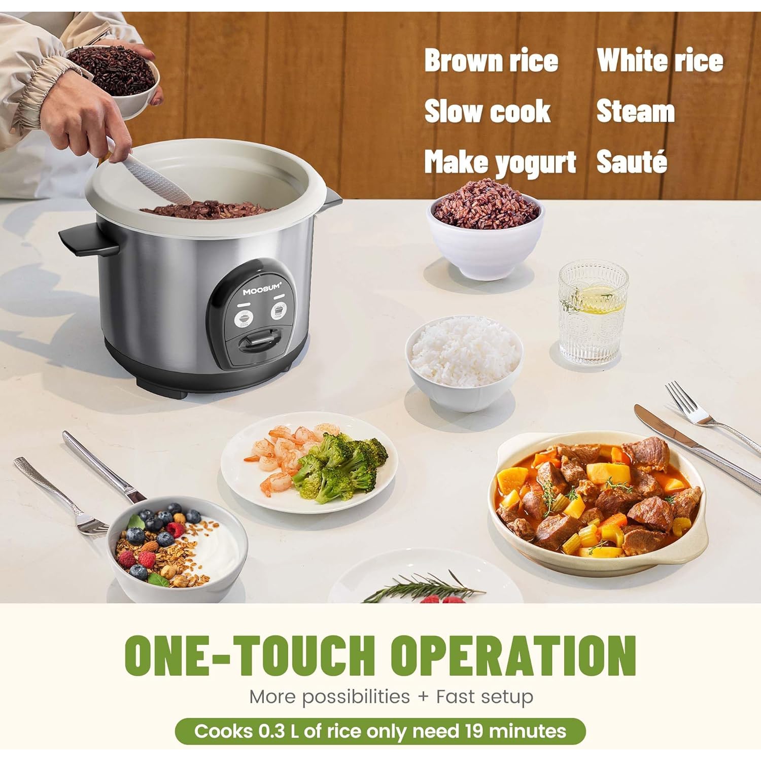 Cuiseur à riz électrique de Moosum, capacité de 3&nbsp;tasses non cuite, récipient intérieur antiadhésif en céramique, réchaud automatique,