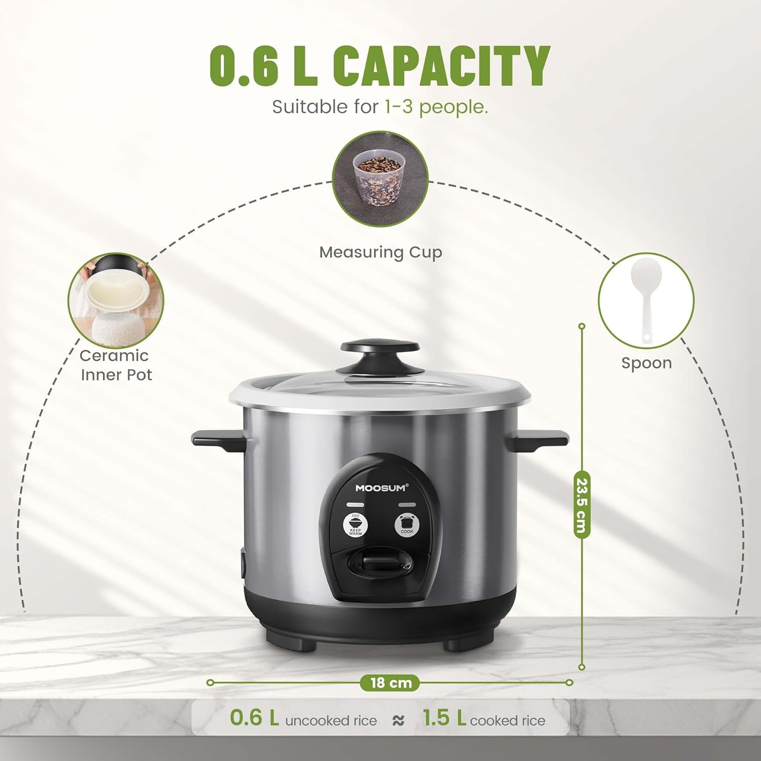 Cuiseur à riz électrique de Moosum, capacité de 3&nbsp;tasses non cuite, récipient intérieur antiadhésif en céramique, réchaud automatique,