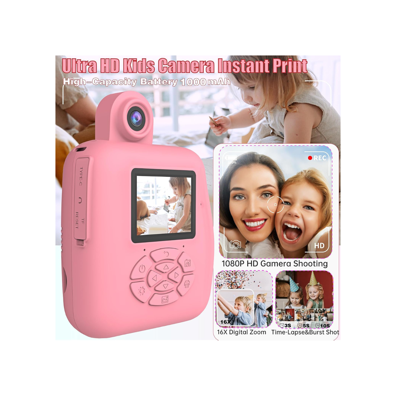 Kids Camera,Toddler Camera Instant Print Toys,1080P Children Printable Camera,Christmas Birthday Gifts for Girls Boys Age 3-10 with 3 Roller Photo