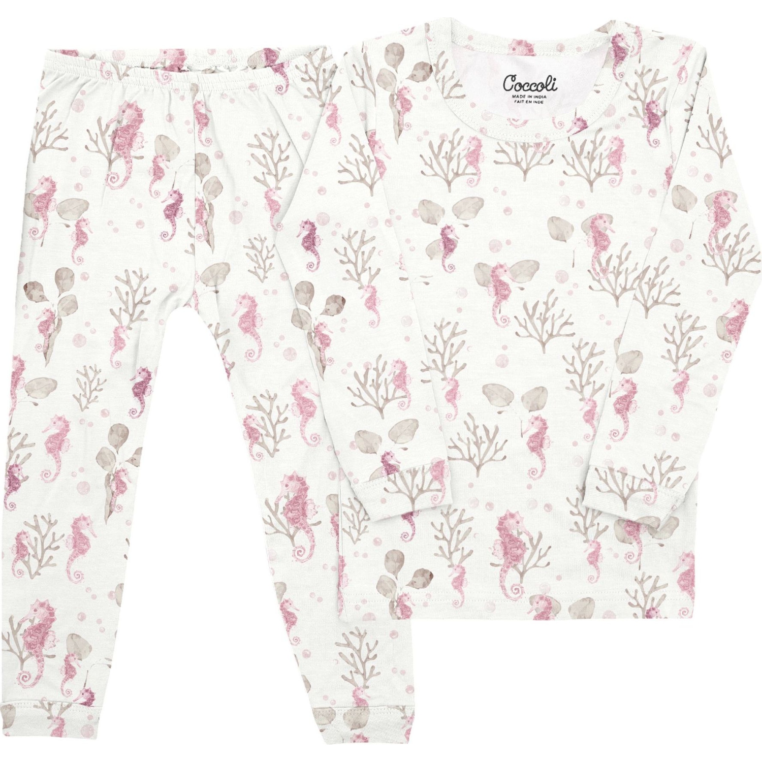 Coccoli Cotton-Modal Long Sleeve Pyjamas - Seahorses on Cream