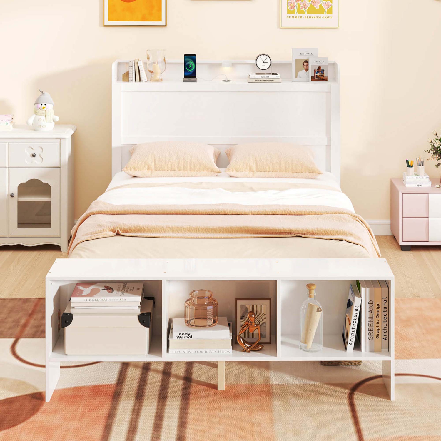 Cadre de lit simple/double avec tête de lit avec rangement et pied de lit LED de Costway avec 2 ports USB