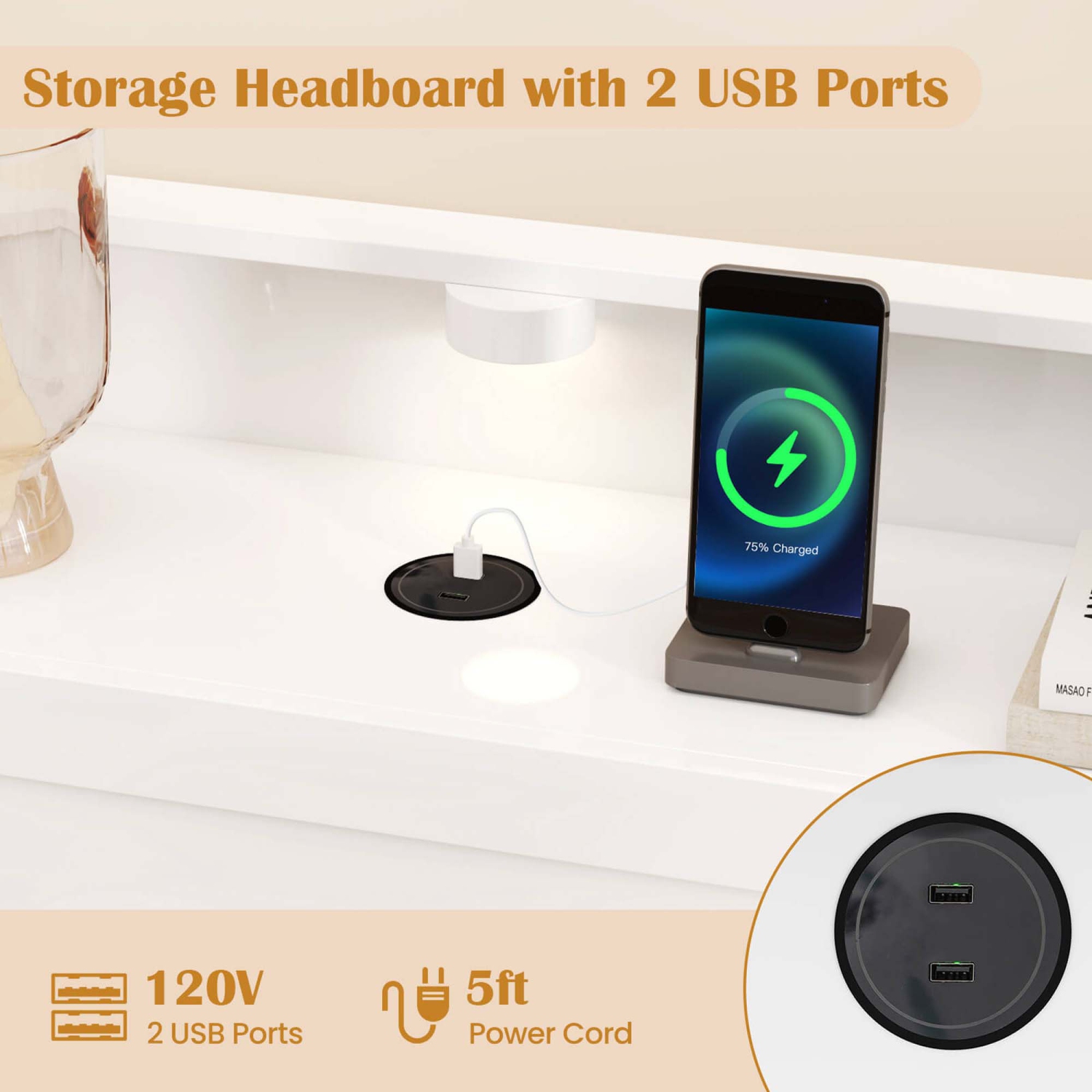 Cadre de lit simple/double avec tête de lit avec rangement et pied de lit LED de Costway avec 2 ports USB