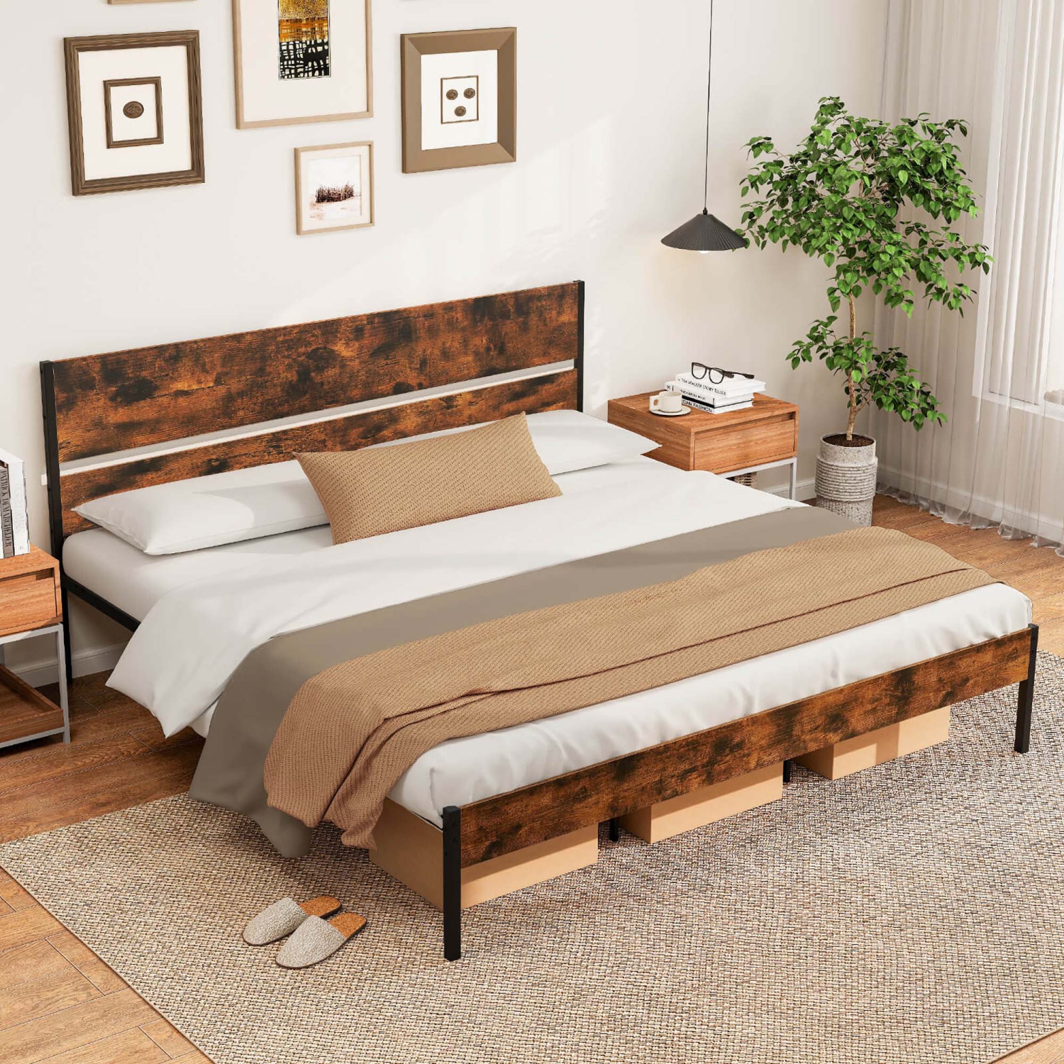 Costway Twin/Full/Queen/King Size Bed Frame with Wooden Headboard Under-Bed Storage No Box Spring Needed
