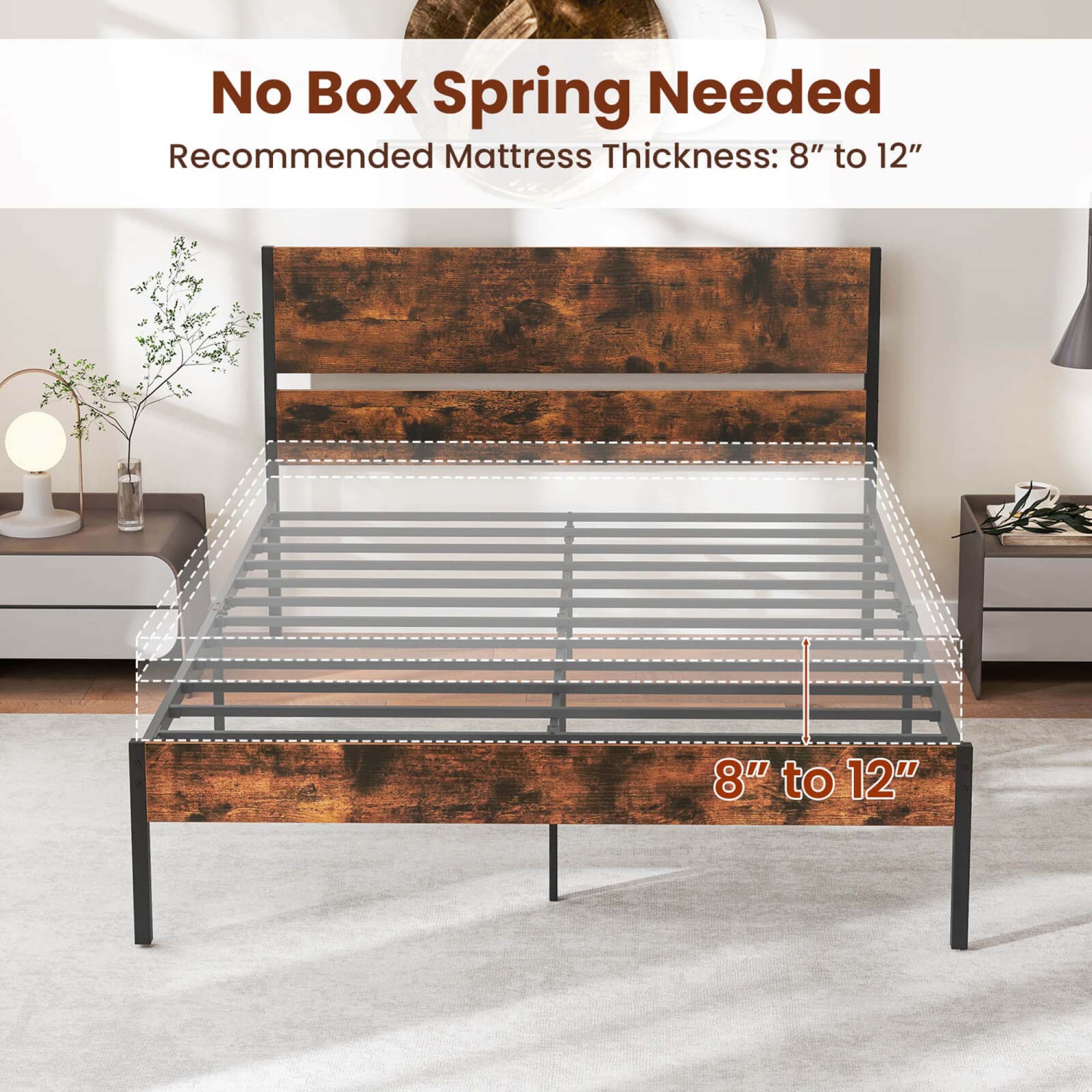Costway Twin/Full/Queen/King Size Bed Frame with Wooden Headboard Under-Bed Storage No Box Spring Needed