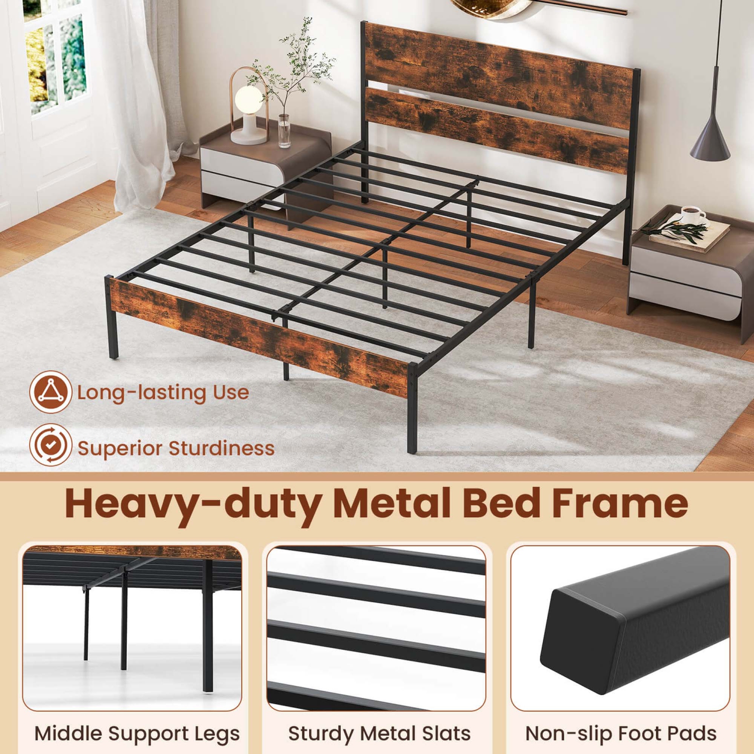 Costway Twin/Full/Queen/King Size Bed Frame with Wooden Headboard Under-Bed Storage No Box Spring Needed