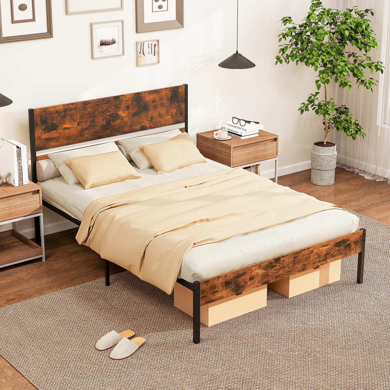 Costway Twin/Full/Queen/King Size Bed Frame with Wooden Headboard Under-Bed Storage No Box Spring Needed