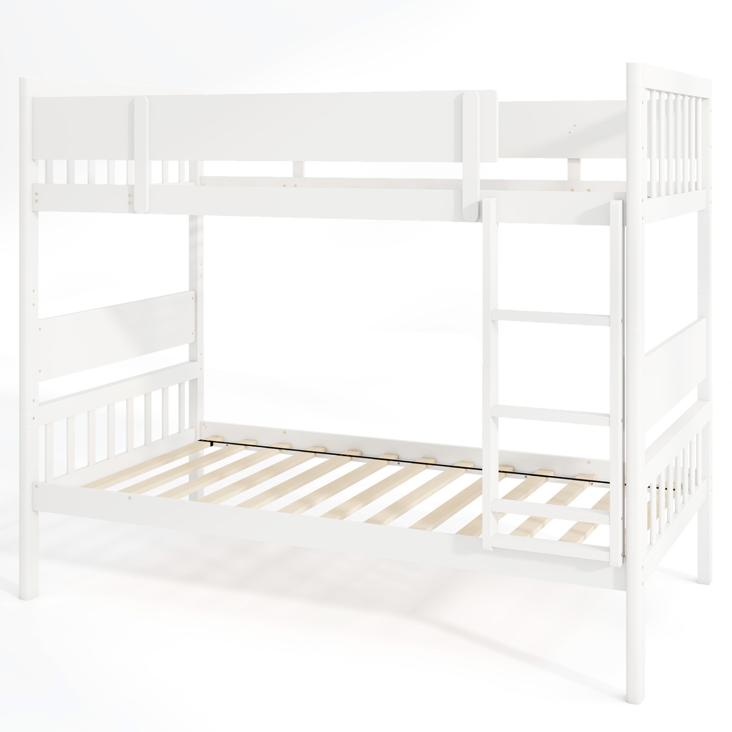 Costway Twin Over Twin Bunk Bed Solid Wood Bed Frame with Ladder Full-length Guardrails White/Natural