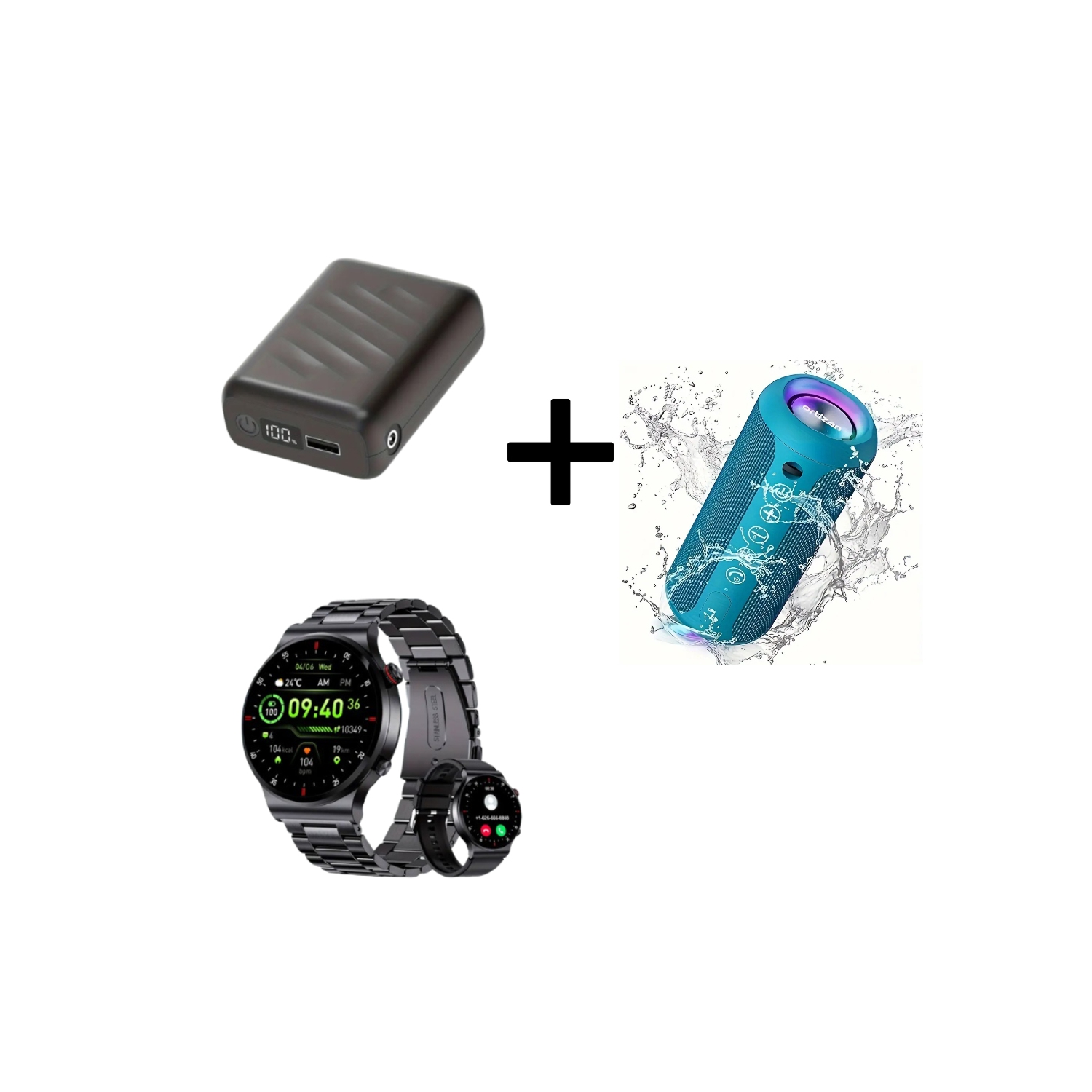 Haut-parleur sans fil portatif avec son 24&nbsp;W, chargeur portable avec veste chauffante 20000&nbsp;mAh, montre intelligente pour hommes avec écran