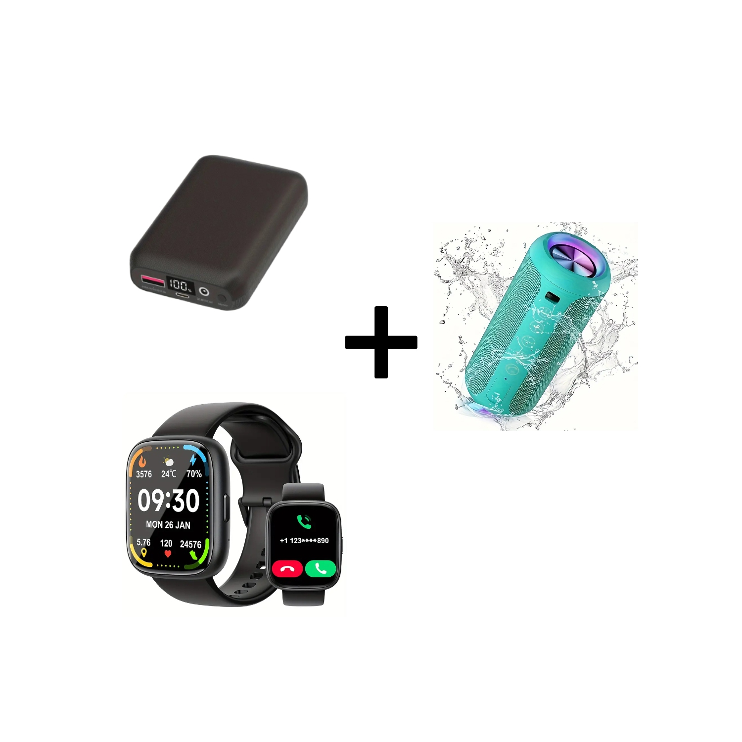 Montre intelligente avec appels, haut-parleur sans fil 24&nbsp;W, batterie 16000&nbsp;mAh pour veste chauffante, recharge rapide, étanche, éclairage
