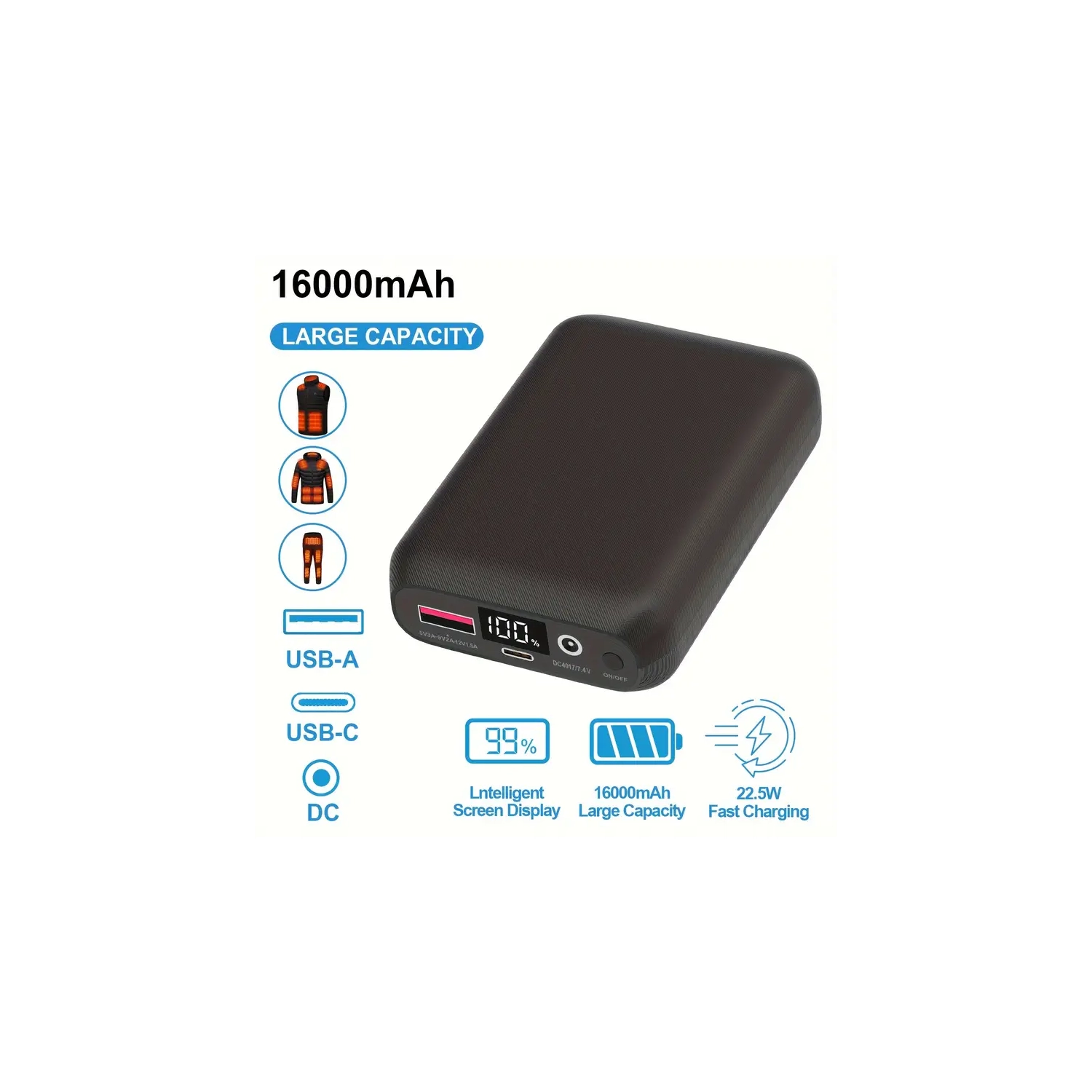 Montre intelligente avec appels, haut-parleur sans fil 24&nbsp;W, batterie 16000&nbsp;mAh pour veste chauffante, recharge rapide, étanche, éclairage