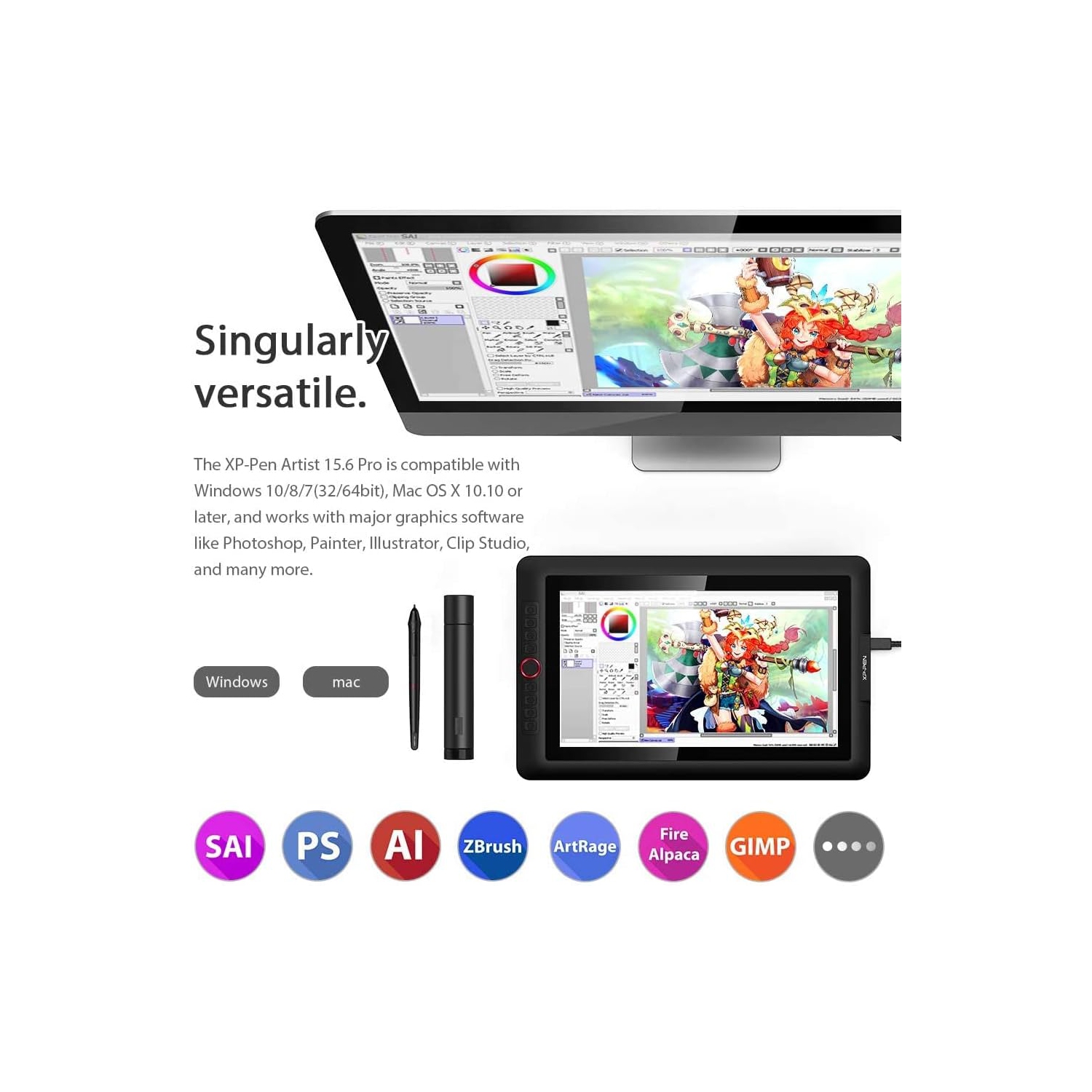 Moniteur de dessin graphique XP-PEN Artist 15,6 Pro 15,6-pouces avec fonction d'inclinaison, cadran rouge et sensibilité à la pression 8192