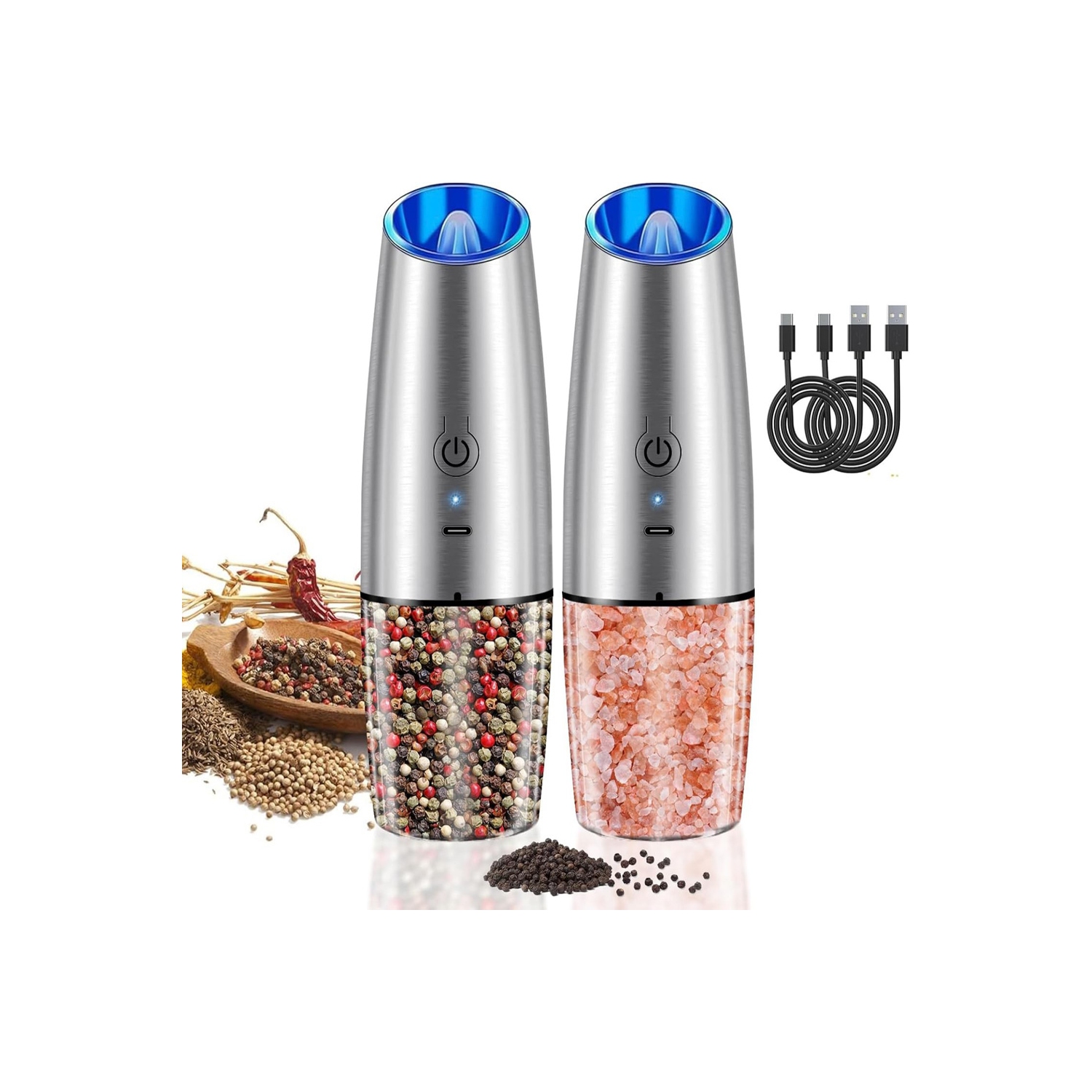 Ensemble de 2 moulins à sel et à poivre électriques d'AxGear, rechargeables par USB, style moderne et durable