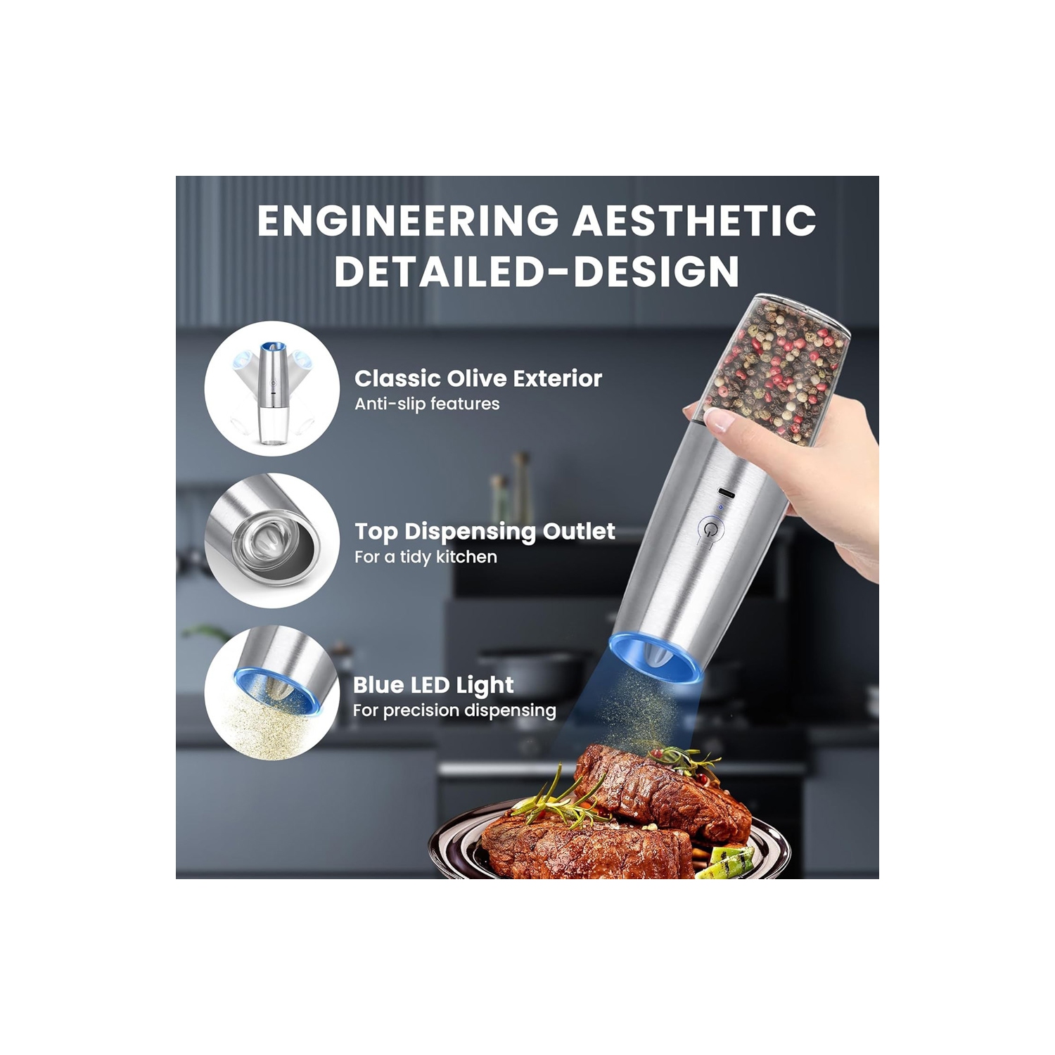 Ensemble de 2 moulins à sel et à poivre électriques d'AxGear, rechargeables par USB, style moderne et durable