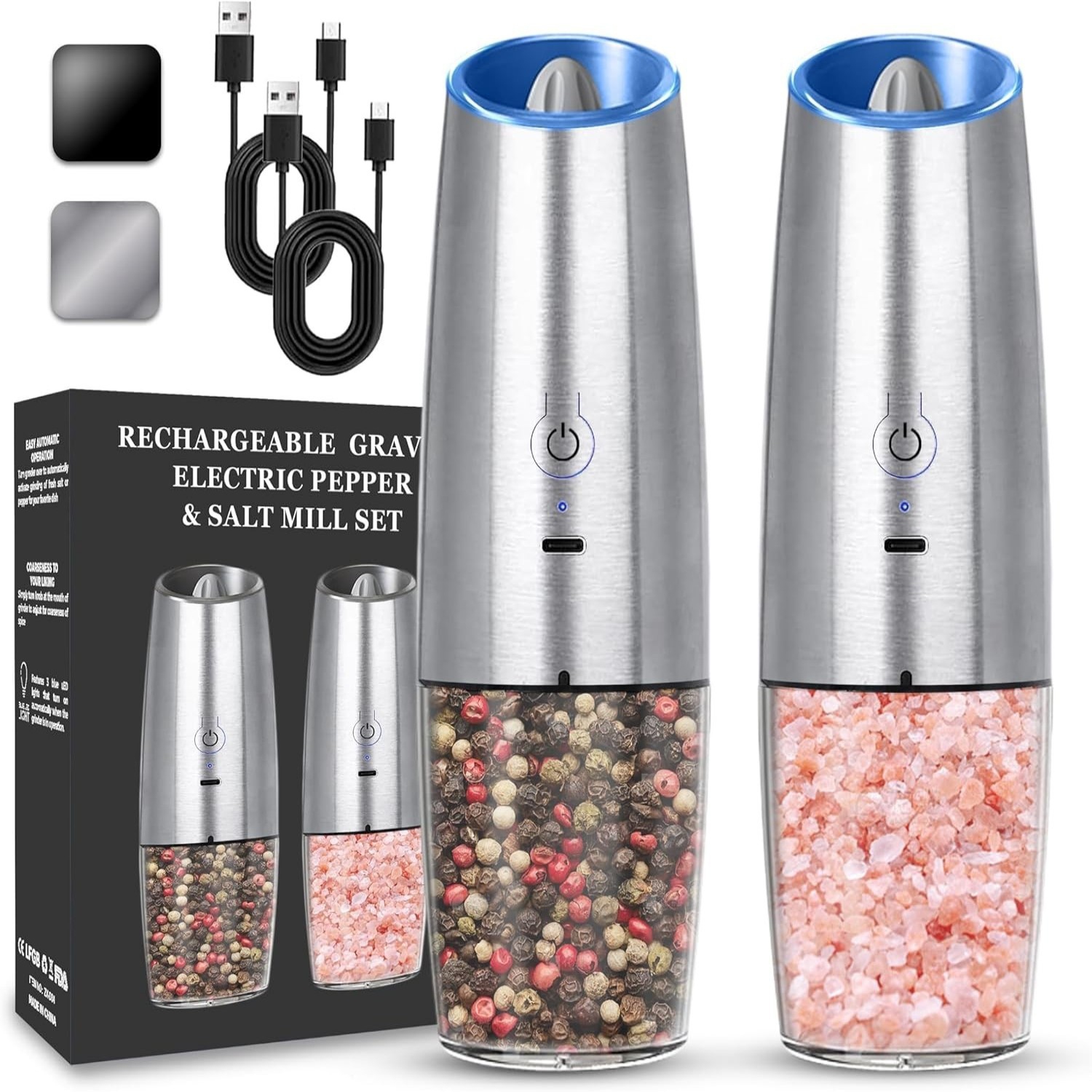 Ensemble de 2 moulins à sel et à poivre électriques d'AxGear, rechargeables par USB, style moderne et durable