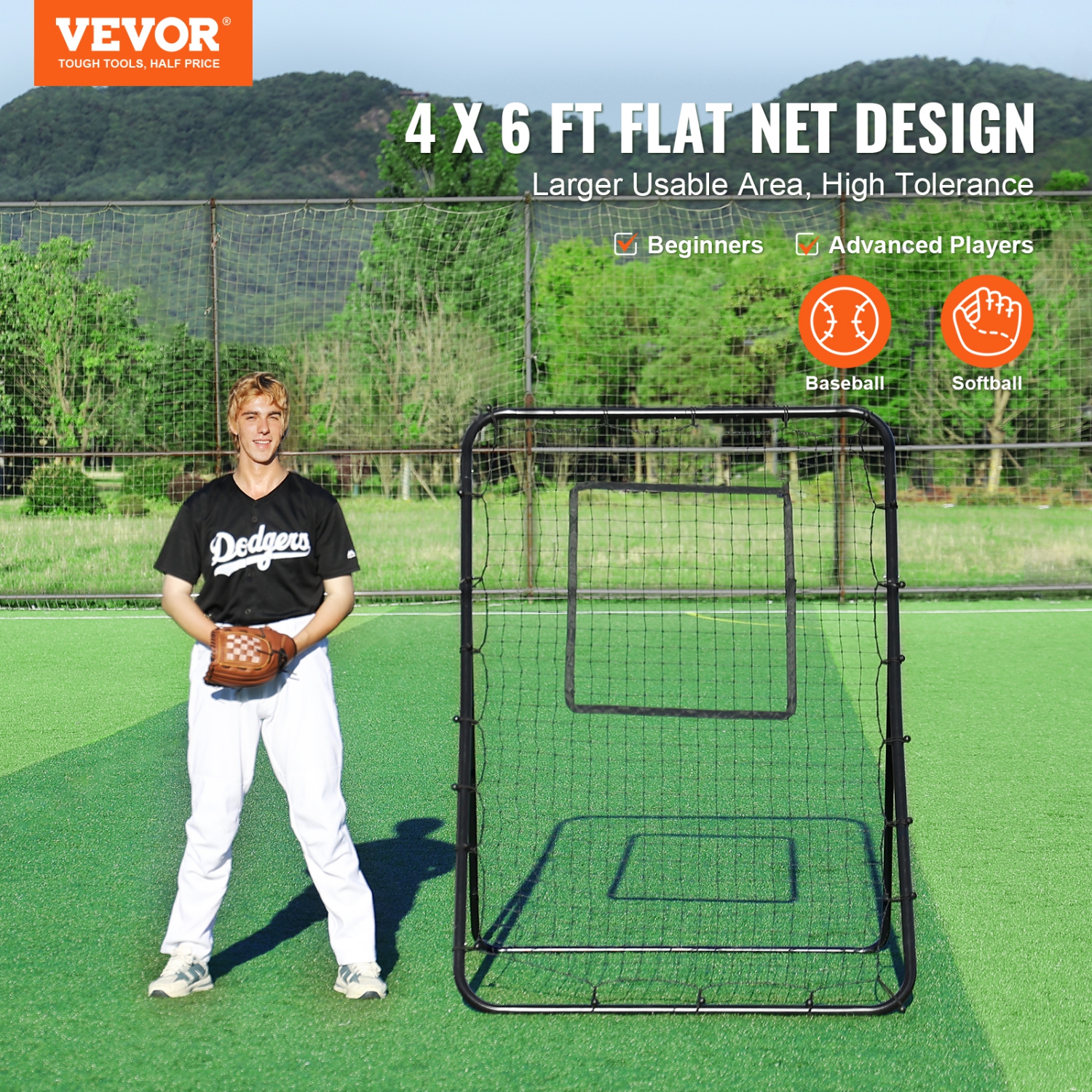 VEVOR 4 x 6 Feet Baseball And Softball Rebounder Net, PitchBack Baseball Nest for Fielding Training, Pitch Return Trainer Rebound Net with Pitching