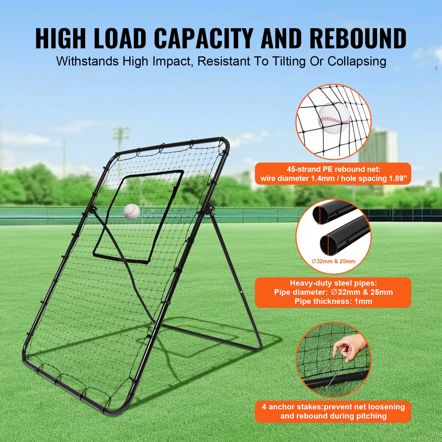 VEVOR 4 x 6 Feet Baseball And Softball Rebounder Net, PitchBack Baseball Nest for Fielding Training, Pitch Return Trainer Rebound Net with Pitching