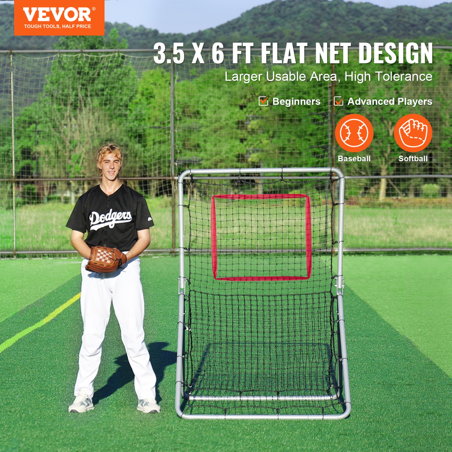 VEVOR 3.5 x 6 ft Baseball And Softball Rebounder Net,PitchBack Baseball and Softball Pitchback Net, Fielding Trainer, Bounce Back Net for