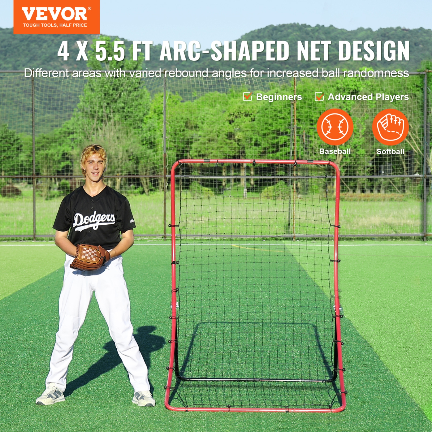 VEVOR 4 x 5.5 ft Baseball And Softball Rebounder Net, PitchBack Baseball Pitching Nest, Pitch Return Trainer Rebound Net with Pitching Target, All