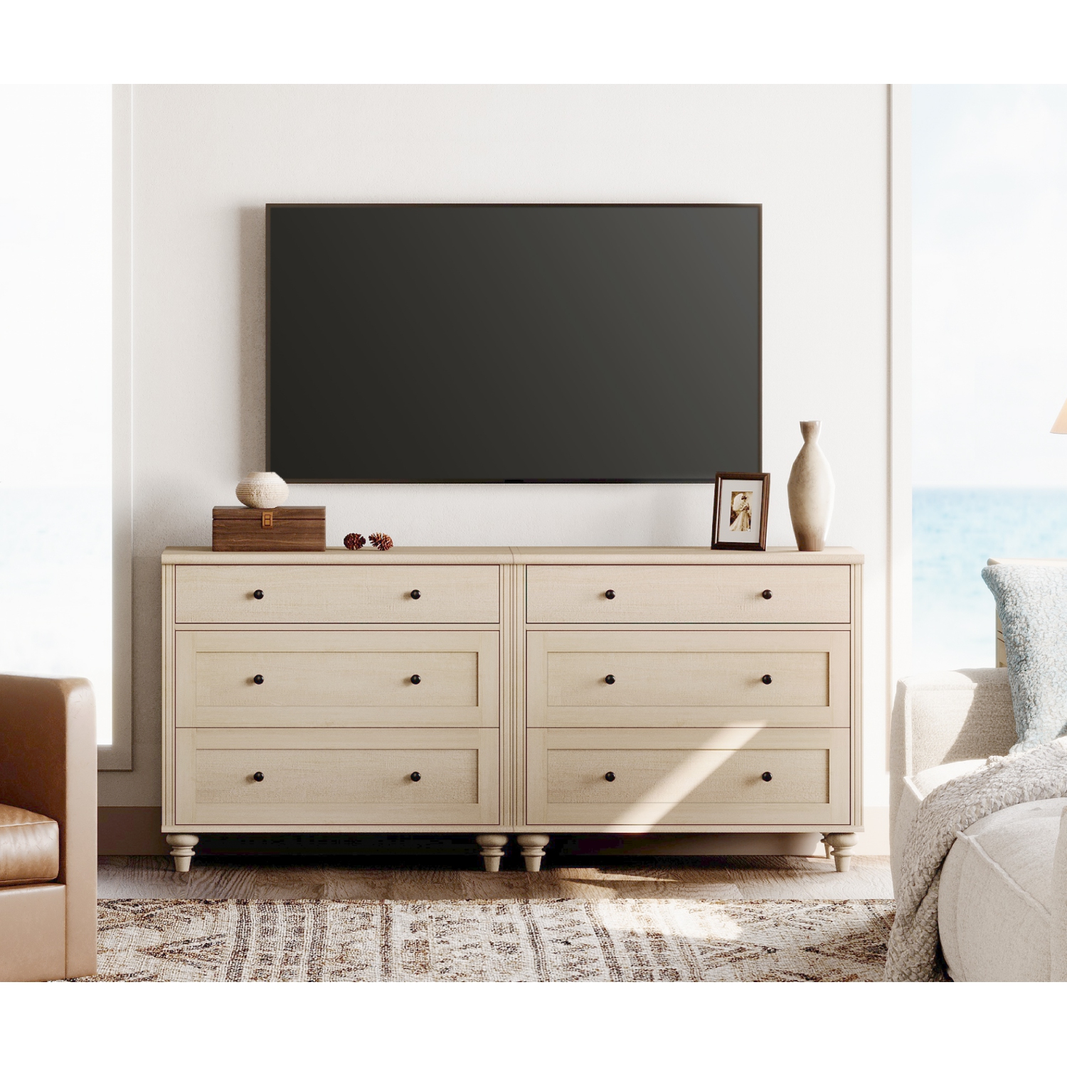 WAMPAT Dresser for Bedroom with 6 Drawers, Beige Kids Dressers with Wide Chest of Drawers, Mid Century Modern Wooden Closet Storage Organizer for