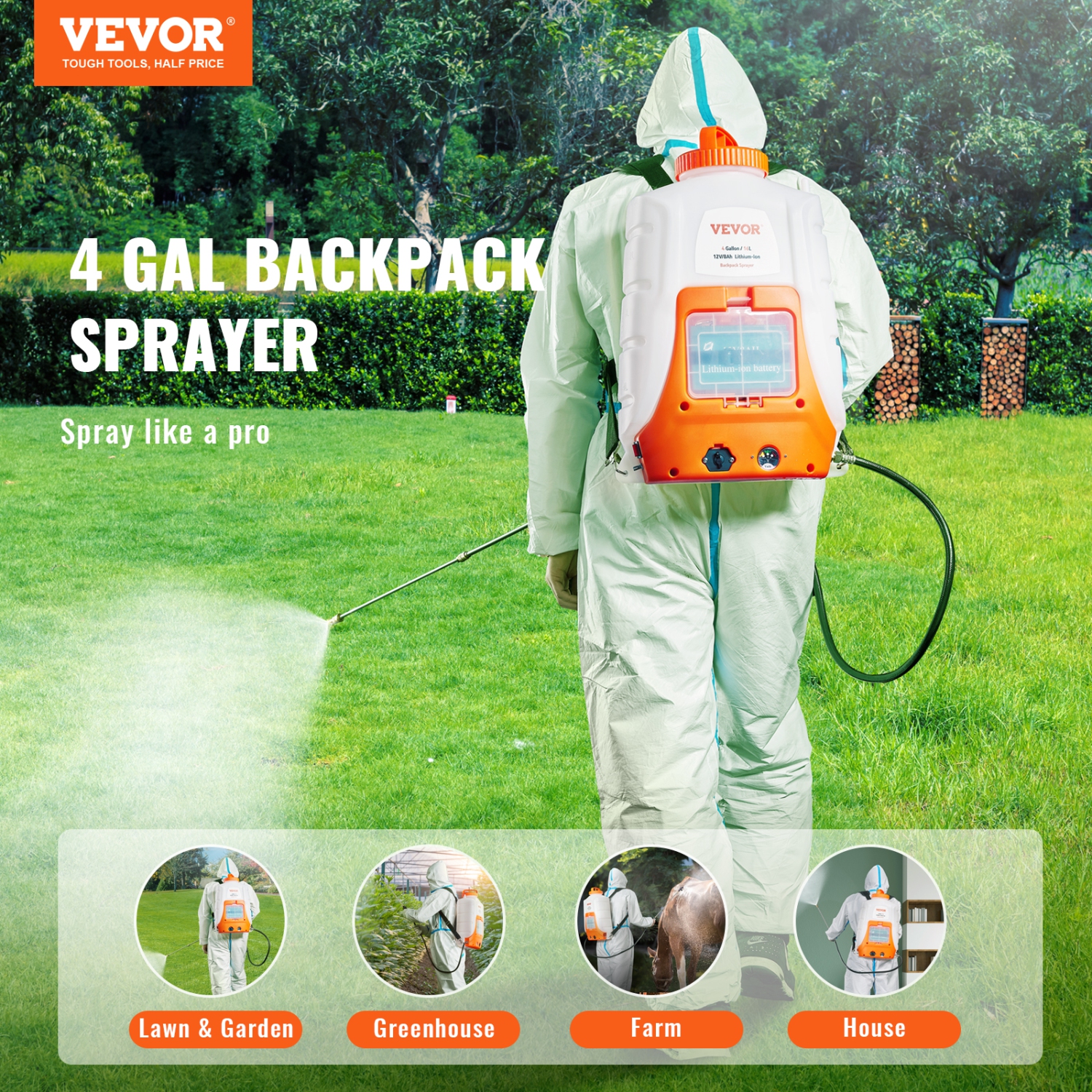 VEVOR 0-90 PSI Battery Powered Backpack Sprayer, Adjustable Pressure, 4 Gallon Tank, Back Pack Sprayer with 8 Nozzles and 2 Wands, 12V 8Ah Battery,