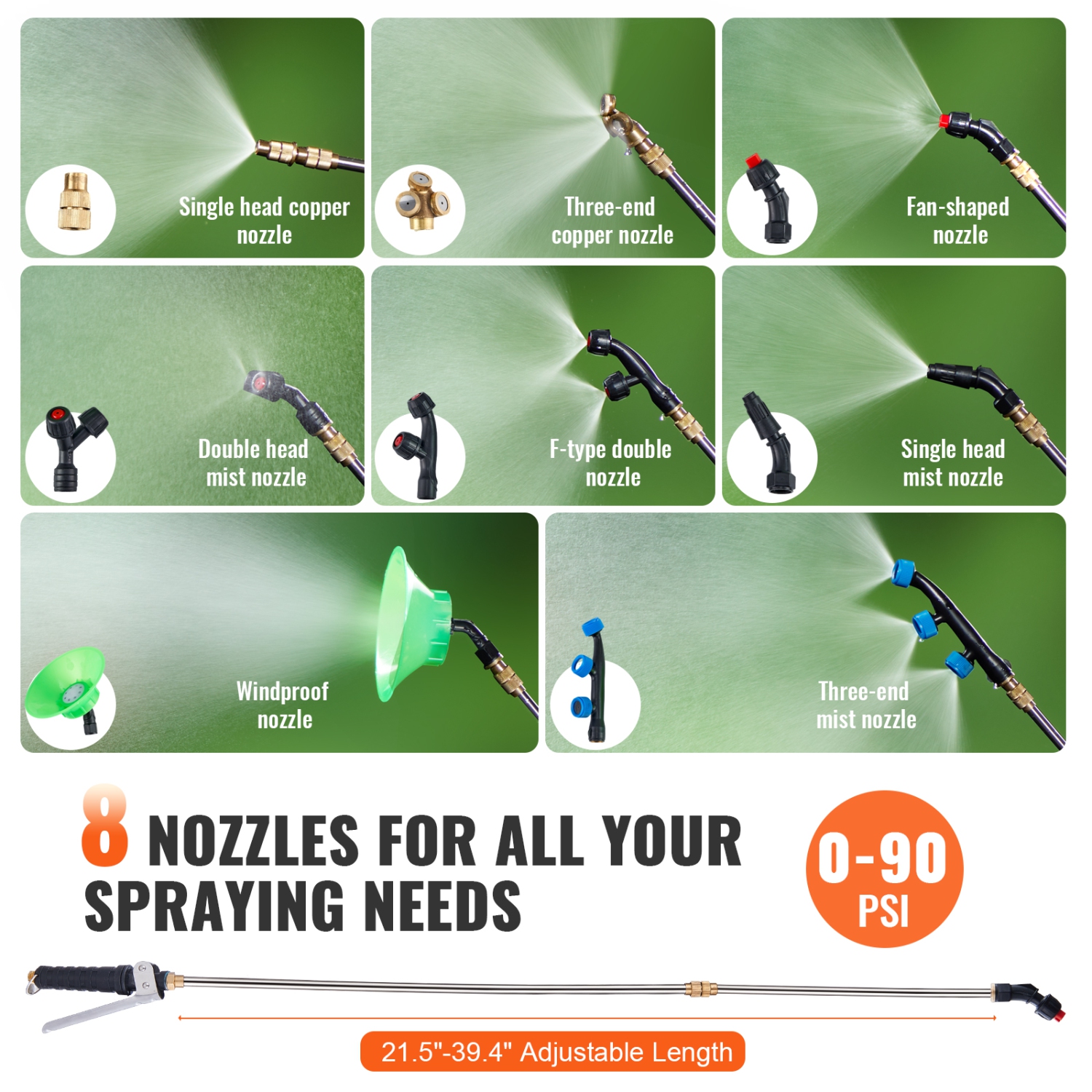 VEVOR 0-90 PSI Battery Powered Backpack Sprayer, Adjustable Pressure, 4 Gallon Tank, Back Pack Sprayer with 8 Nozzles and 2 Wands, 12V 8Ah Battery,